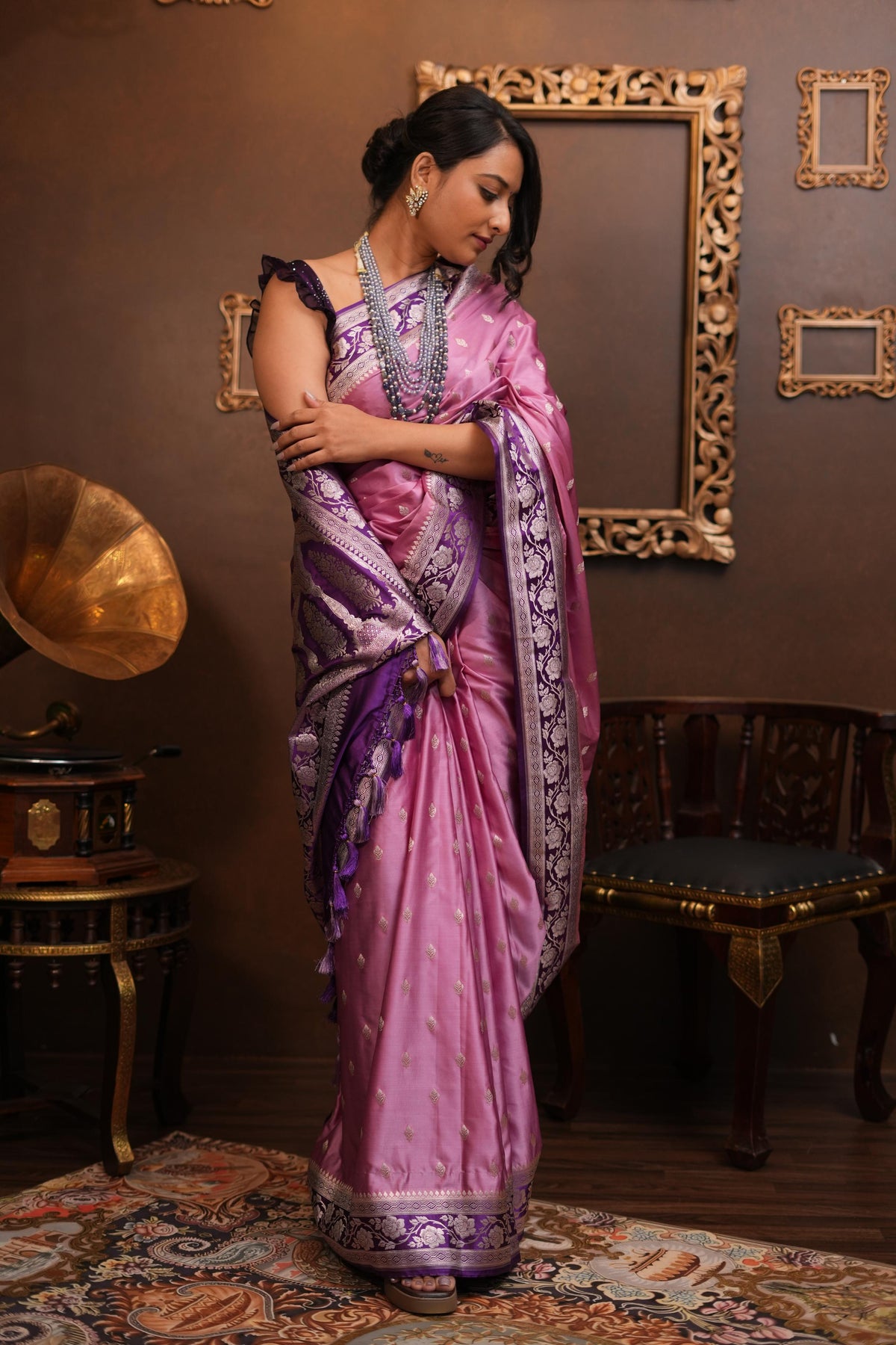 Mauve Banarasi Semi Mashru Silk Saree with Gold Zari Buttas and Contrast Zari Border | SHOBITAM