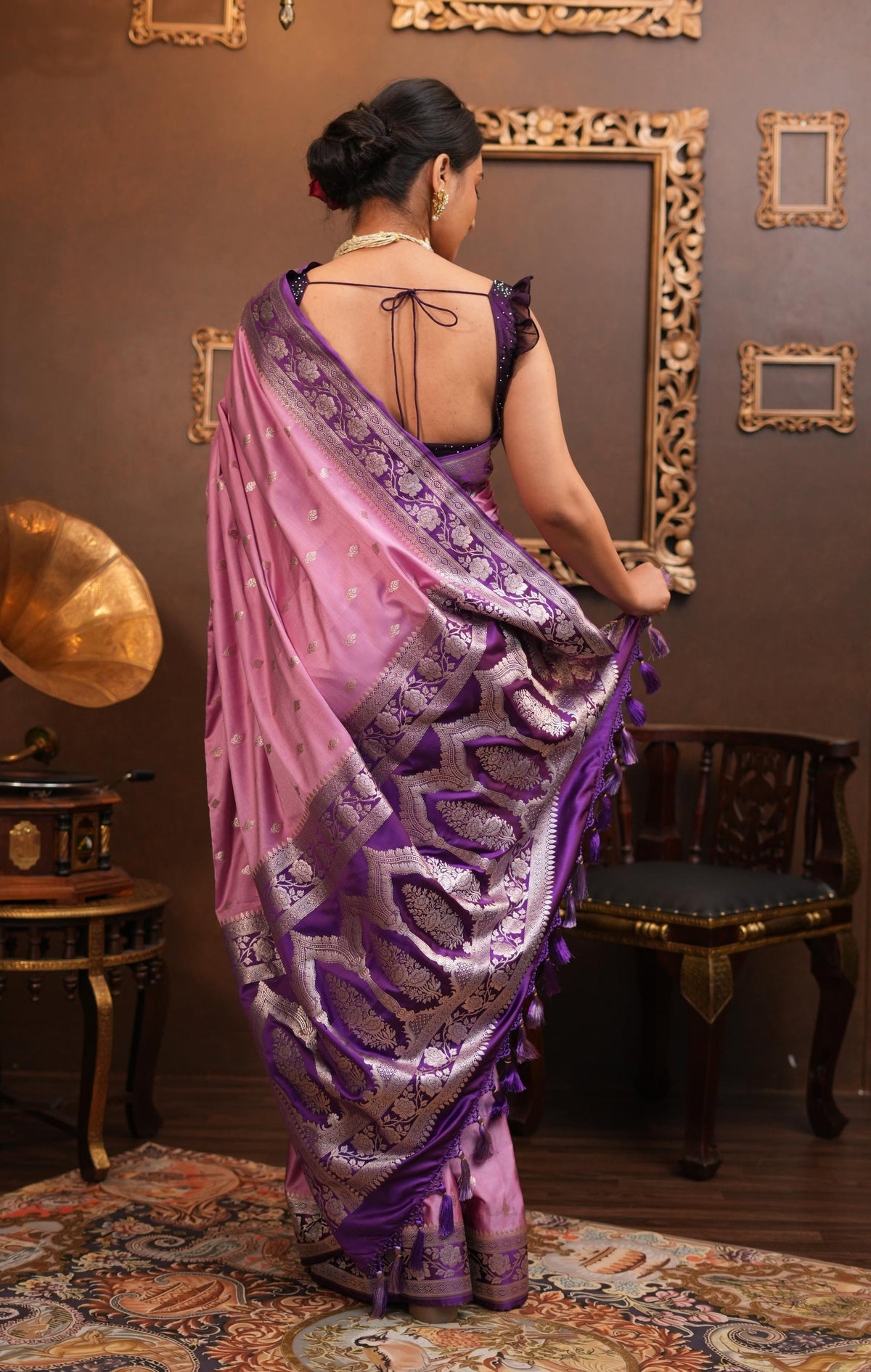 Mauve Banarasi Semi Mashru Silk Saree with Gold Zari Buttas and Contrast Zari Border | SHOBITAM