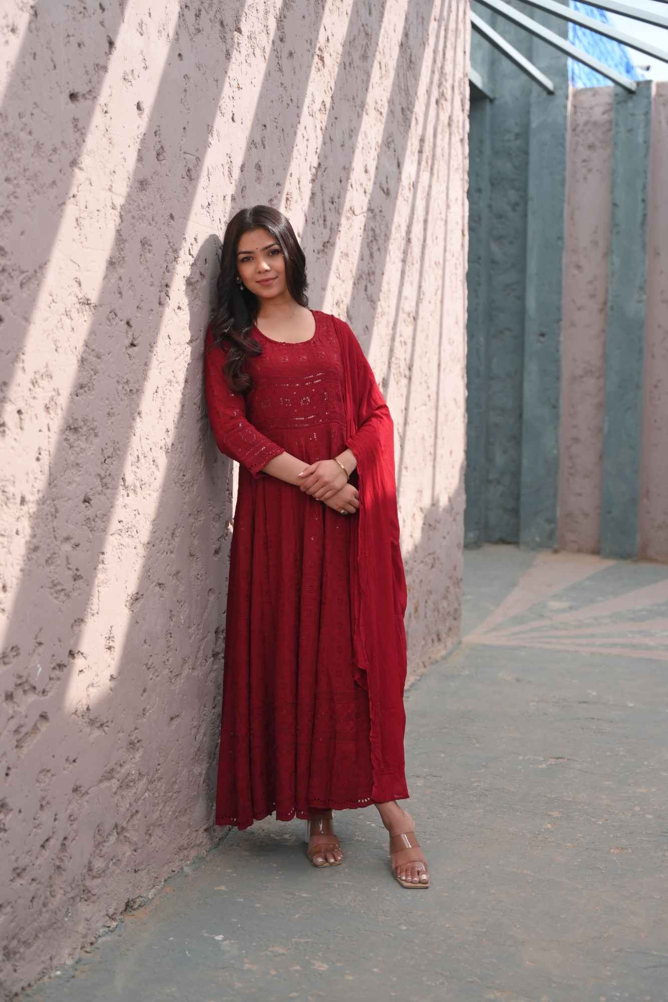 Ruby Chikankari Style Eyelet Anarkali Set in Red 3 Piece Set | Shobitam Made to Order