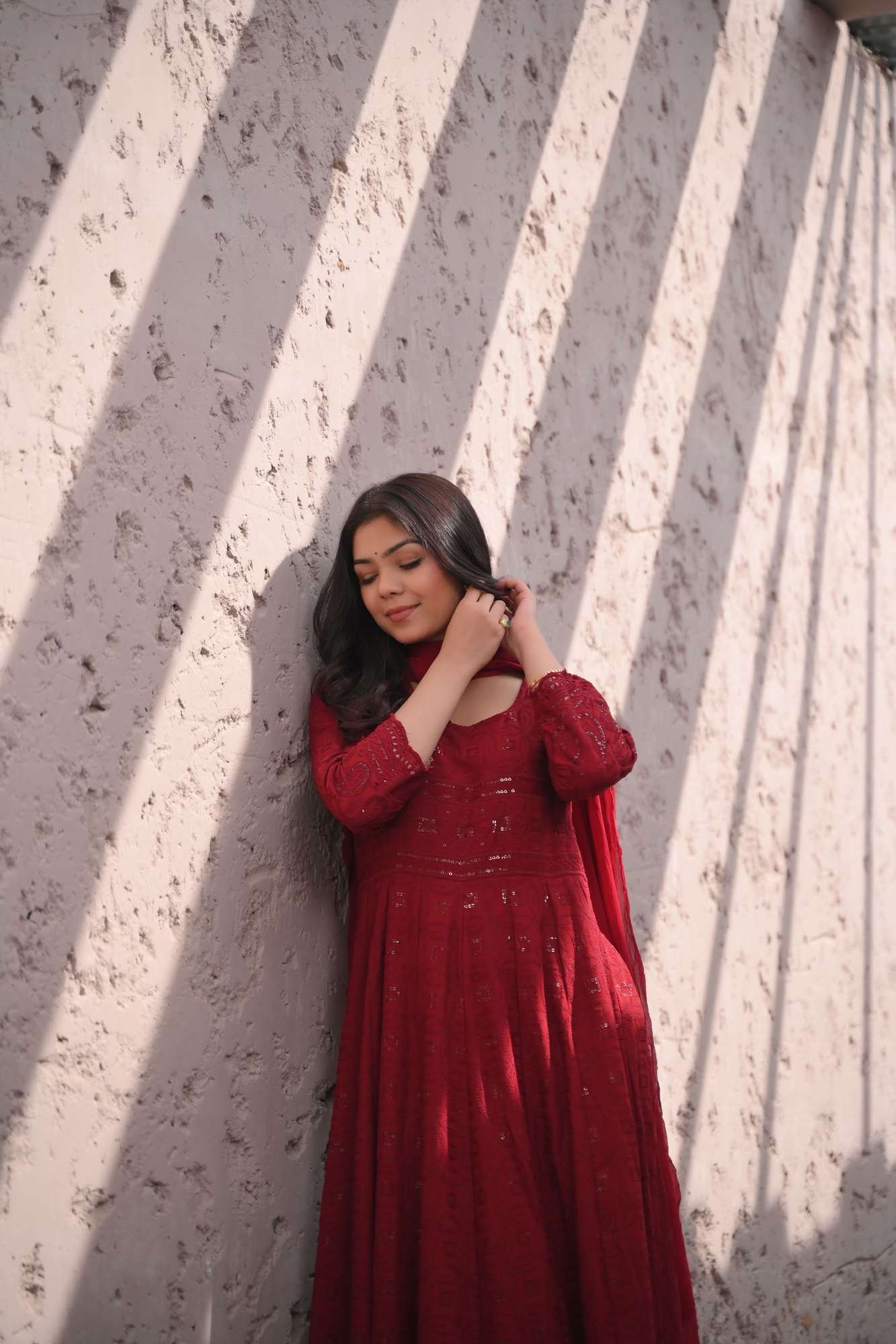 Ruby Chikankari Style Eyelet Anarkali Set in Red 3 Piece Set | Shobitam Made to Order