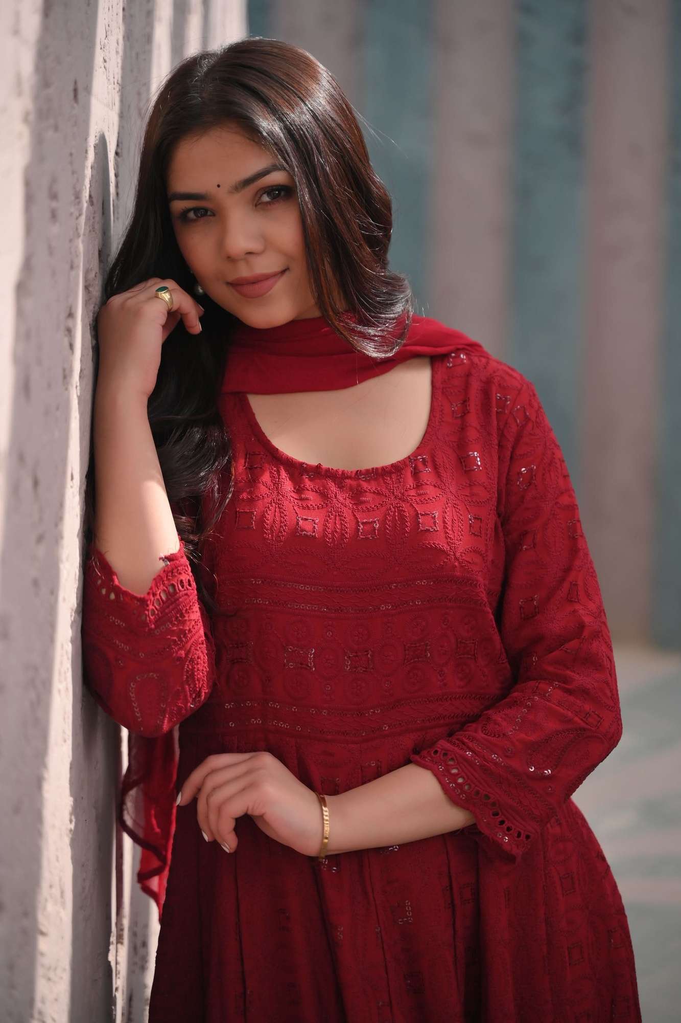 Ruby Chikankari Style Eyelet Anarkali Set in Red 3 Piece Set | Shobitam Made to Order