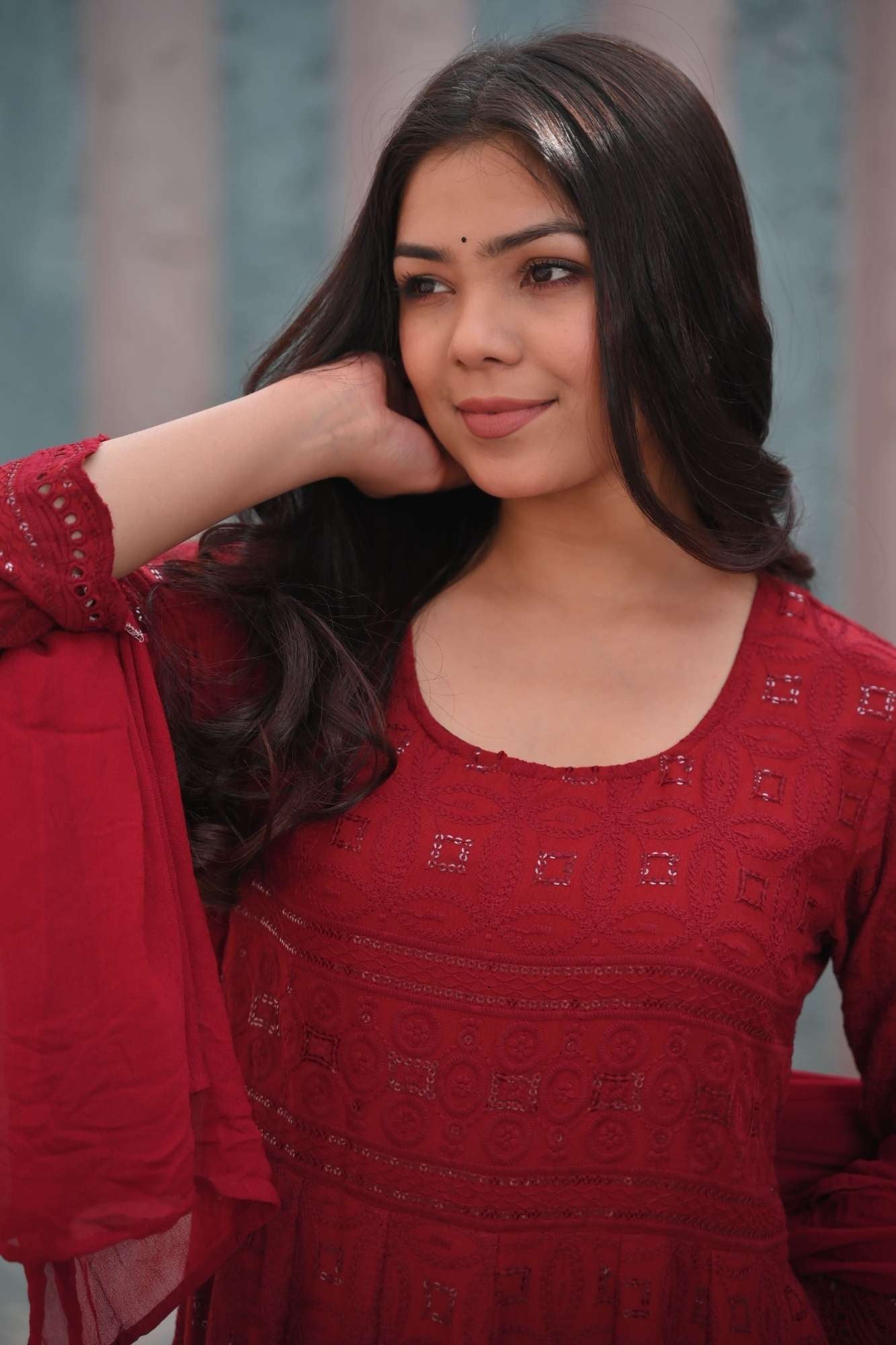 Ruby Chikankari Style Eyelet Anarkali Set in Red 3 Piece Set | Shobitam Made to Order