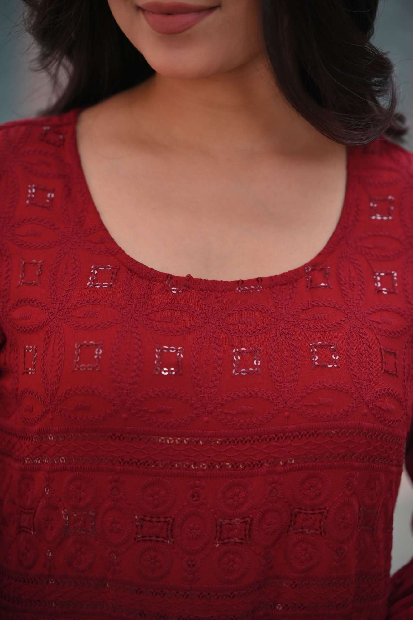 Ruby Chikankari Style Eyelet Anarkali Set in Red 3 Piece Set | Shobitam Made to Order