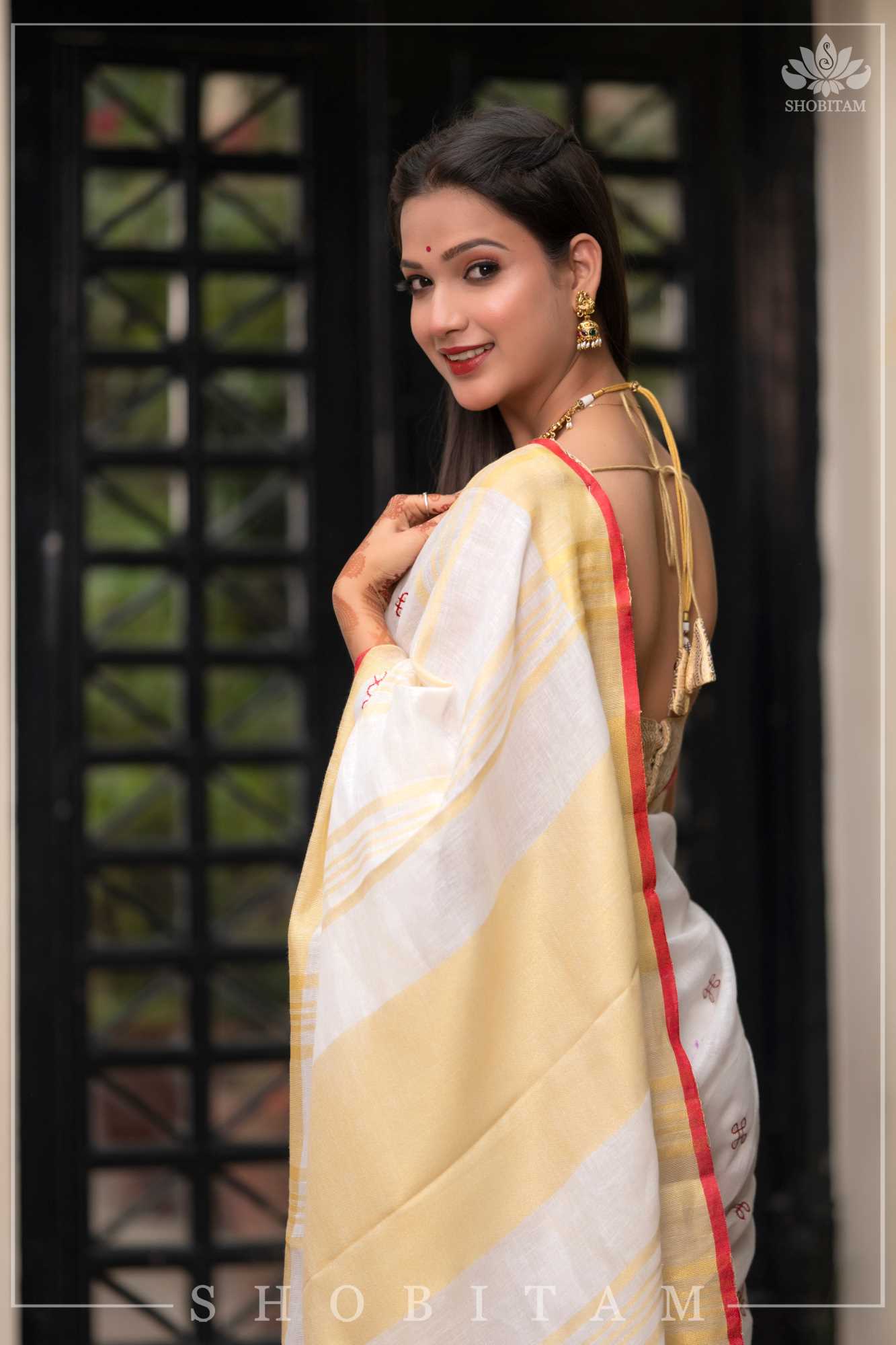 Wrap in 1 minute saree Rangoli Embroidered Border on Pure Linen by Linen Saree in White, Red and Gold