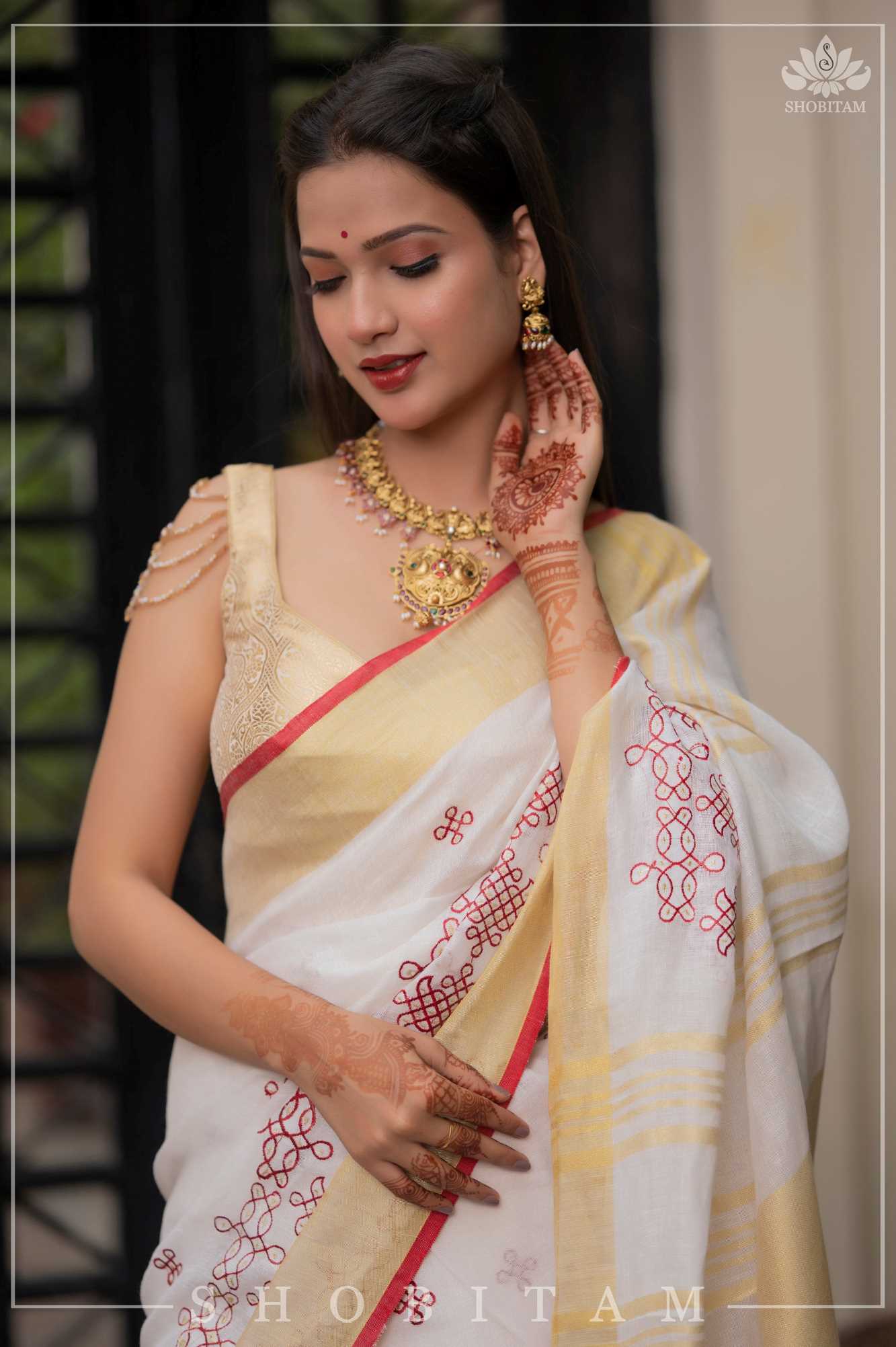 Wrap in 1 minute saree Rangoli Embroidered Border on Pure Linen by Linen Saree in White, Red and Gold