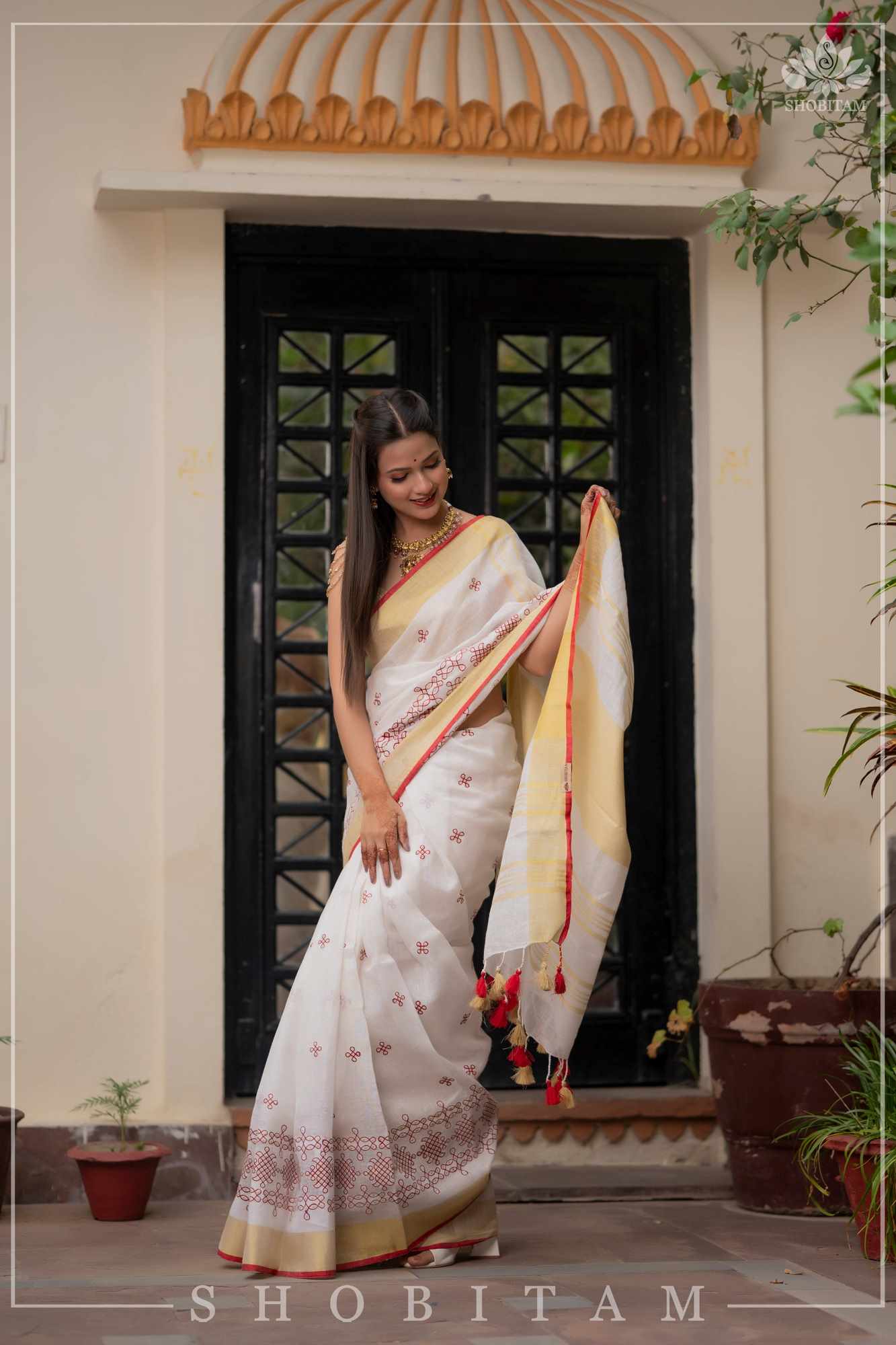 Wrap in 1 minute saree Rangoli Embroidered Border on Pure Linen by Linen Saree in White, Red and Gold