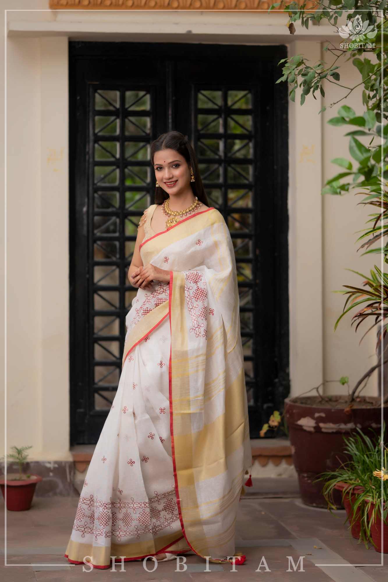 Wrap in 1 minute saree Rangoli Embroidered Border on Pure Linen by Linen Saree in White, Red and Gold