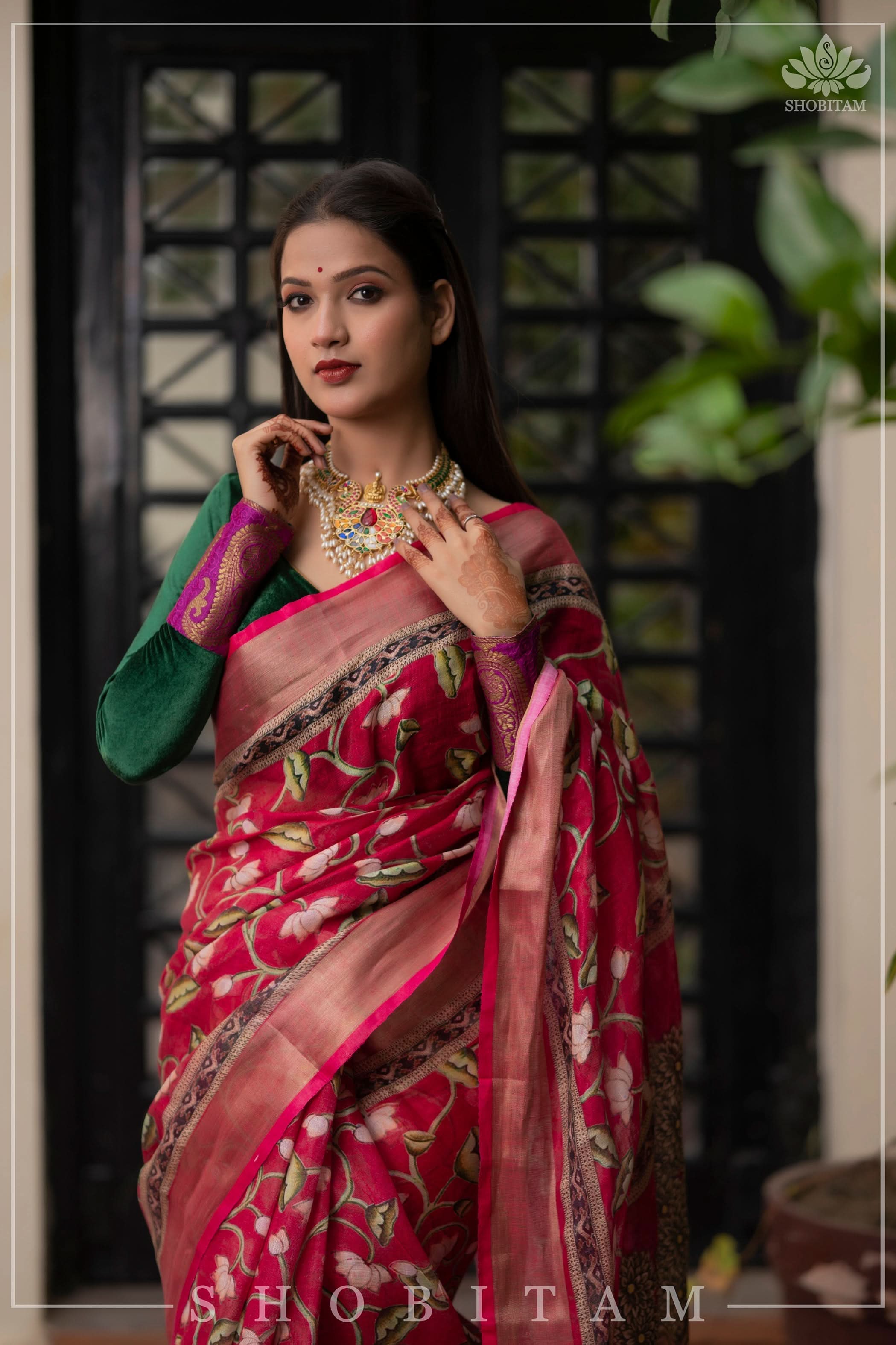 Beautiful Dark Pink Linen Saree with Pichwai Design Digital Print | Shobitam
