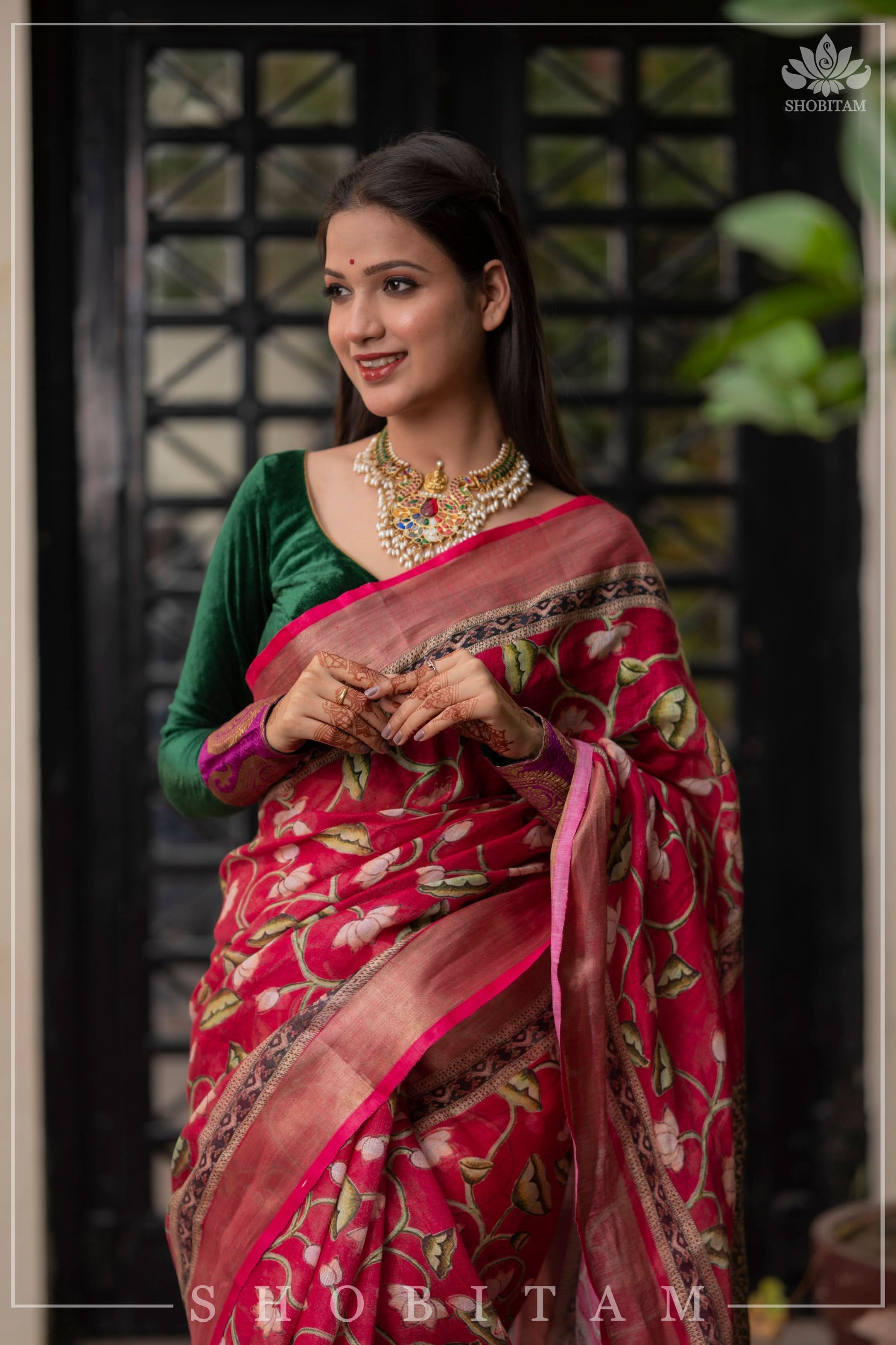 Beautiful Dark Pink Linen Saree with Pichwai Design Digital Print | Shobitam