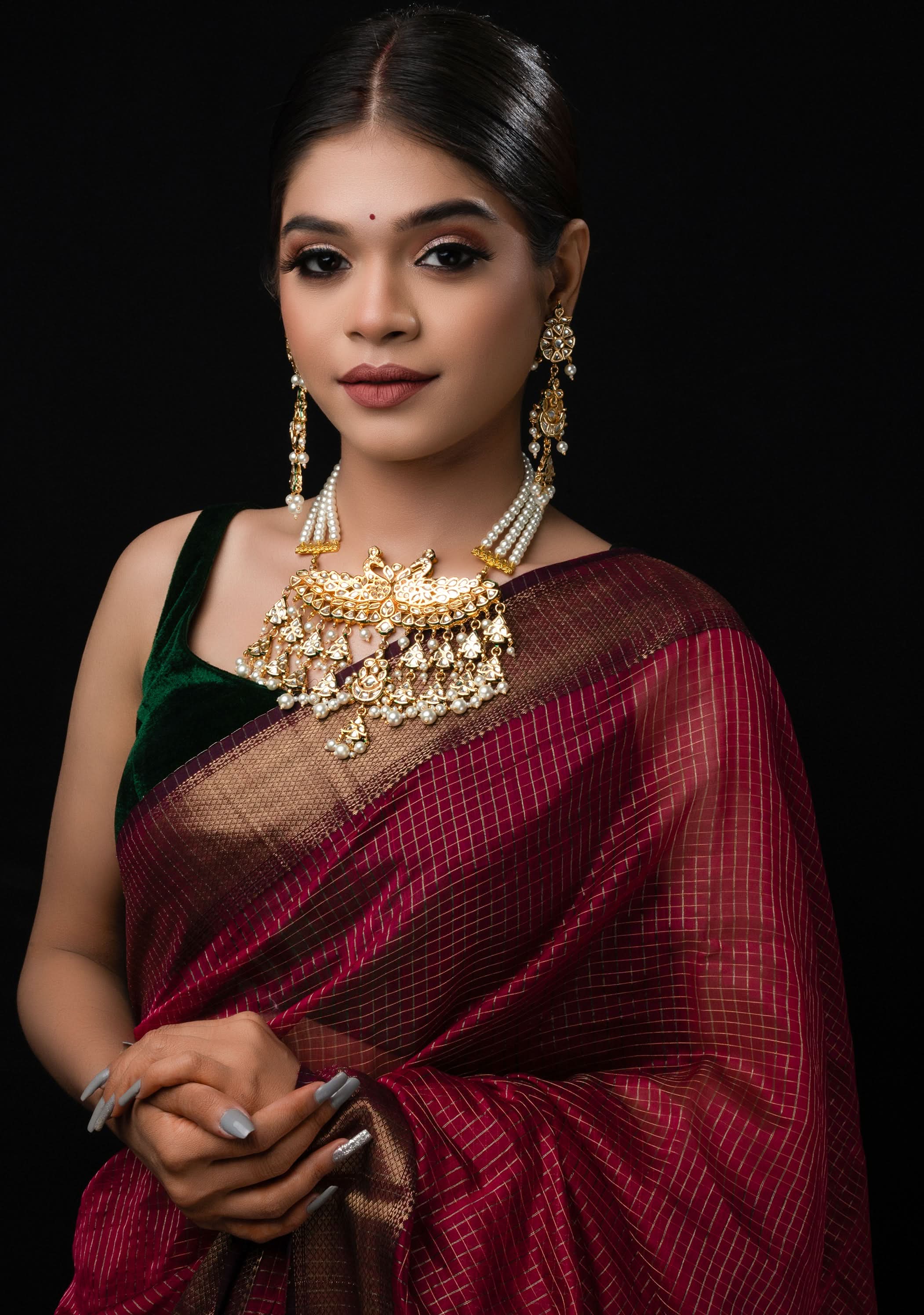 Statement Twin Peacock White Kundan Necklace Set with three rows of beads and 4.2" Long Earrings | SHOBITAM
