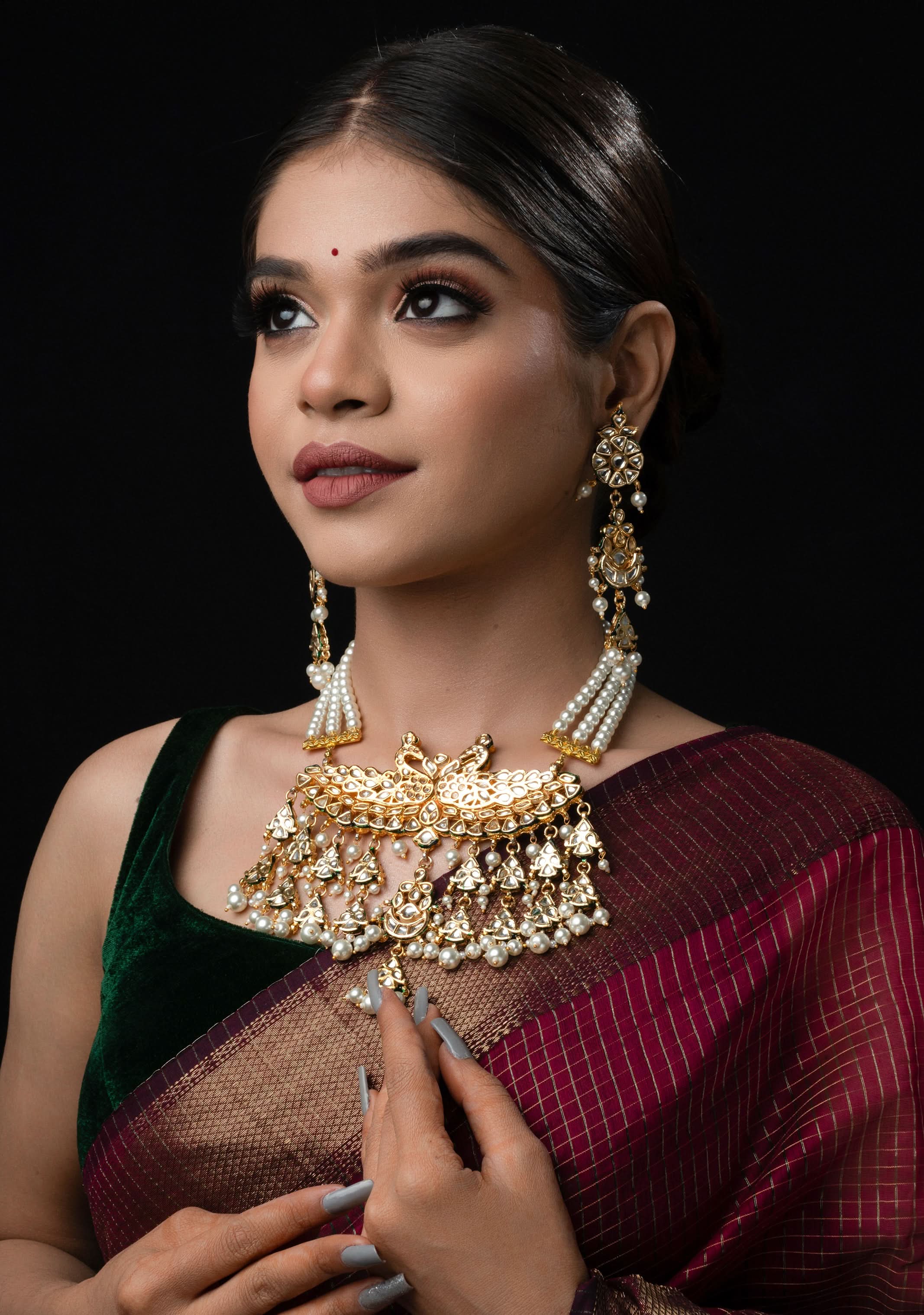 Statement Twin Peacock White Kundan Necklace Set with three rows of beads and 4.2" Long Earrings | SHOBITAM