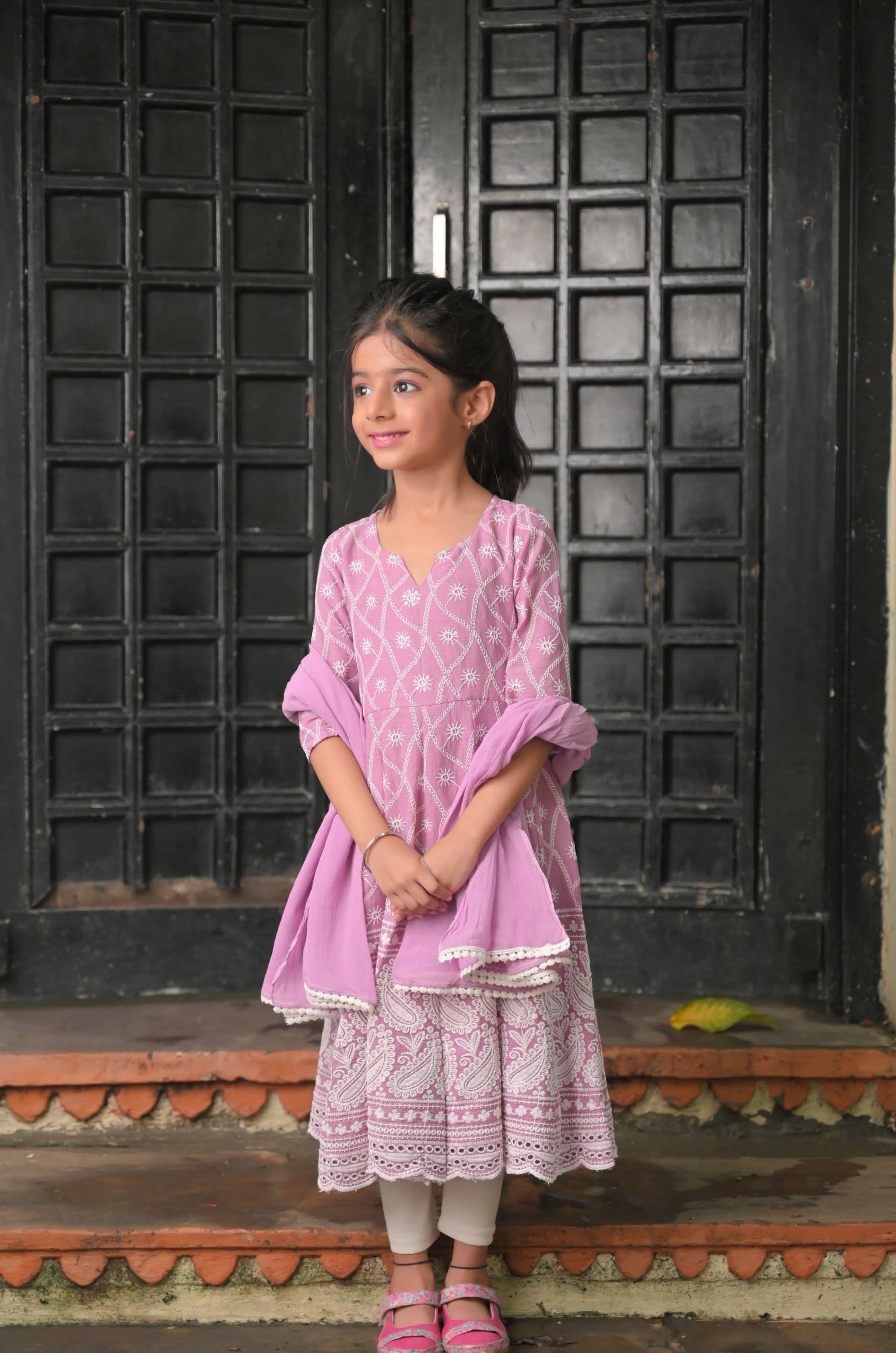 Orchid chikankari anarkali 3 Piece set - twinning option for Girls  |  Made To Order