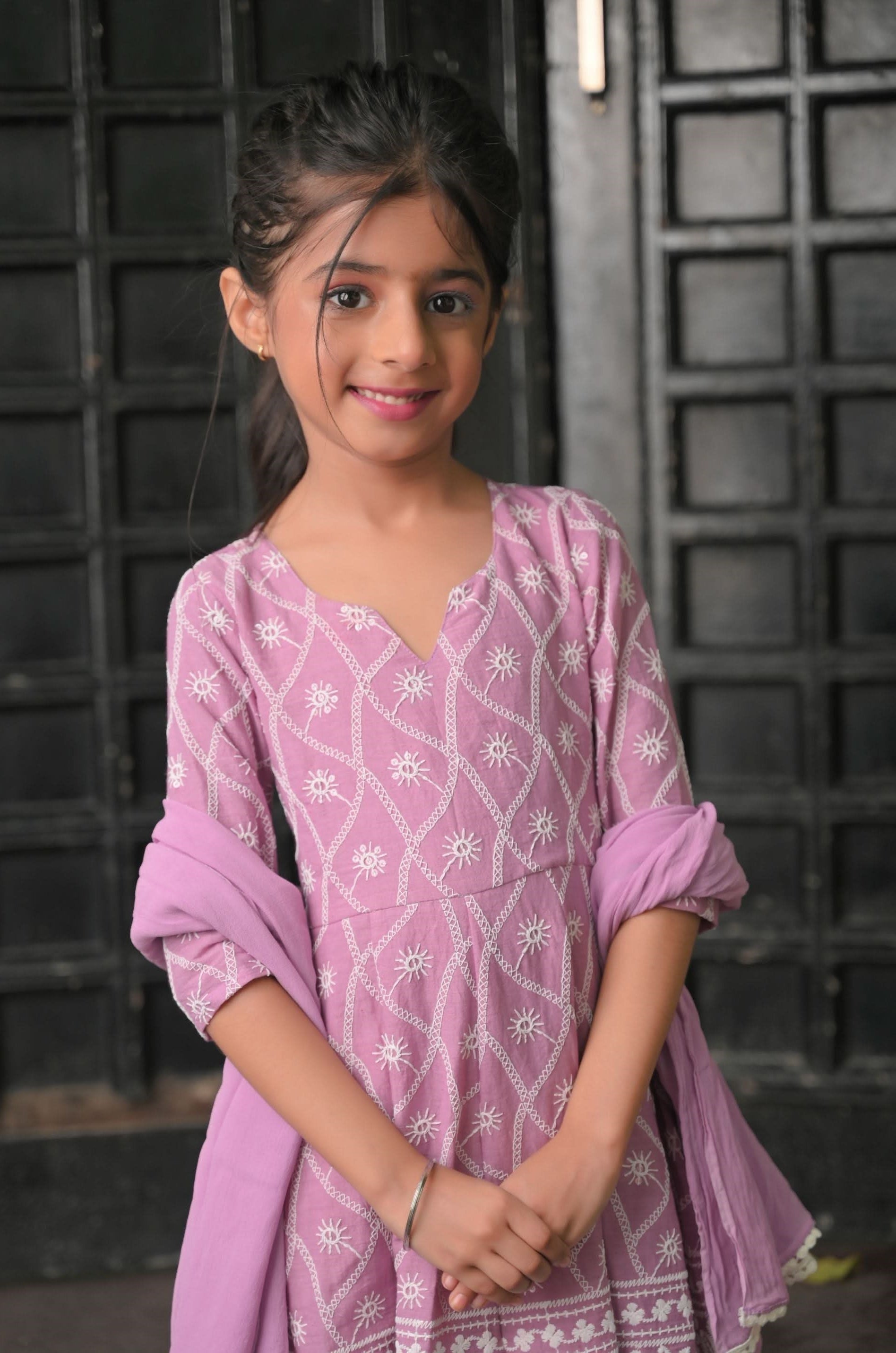 Orchid chikankari anarkali 3 Piece set - twinning option for Girls  |  Made To Order