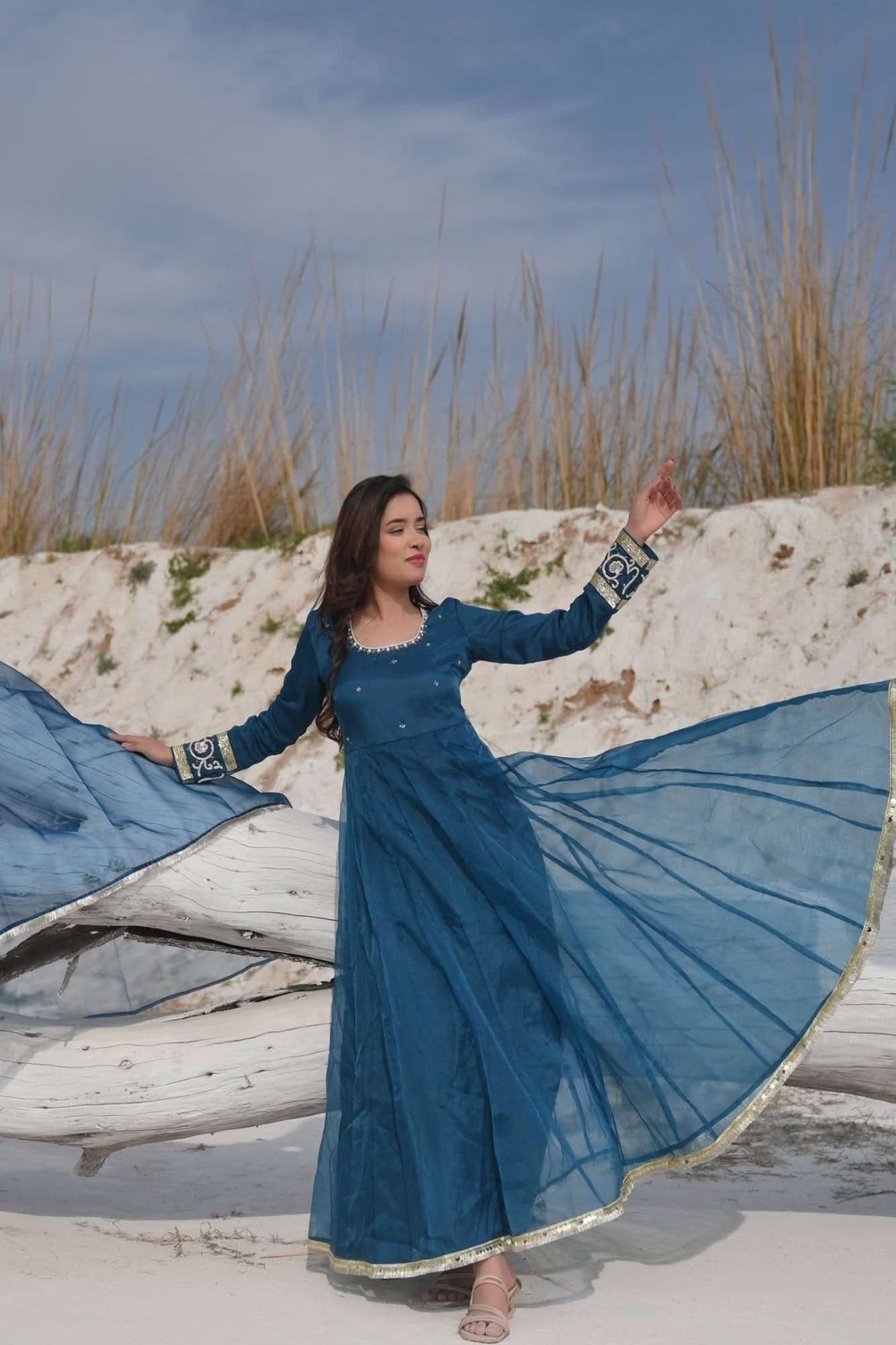 Tarini Teal organza anarkali 3 piece Set with Lace detailing border and dana, sequins bead embroidery| Made To Order