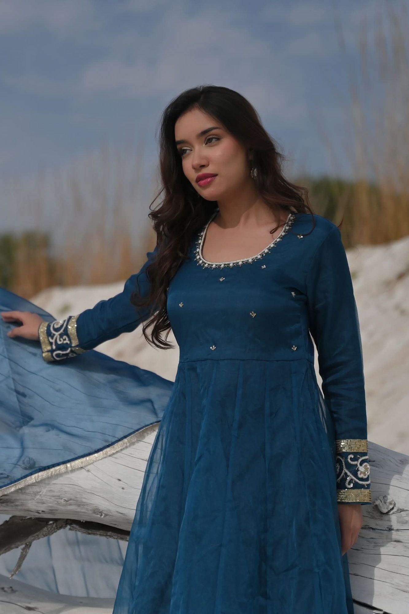 Tarini Teal organza anarkali 3 piece Set with Lace detailing border and dana, sequins bead embroidery| Made To Order