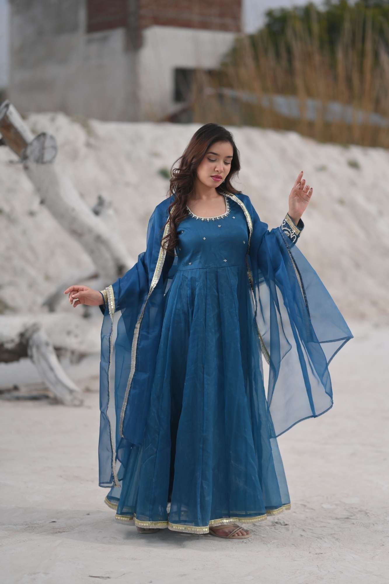 Tarini Teal organza anarkali 3 piece Set with Lace detailing border and dana, sequins bead embroidery| Made To Order