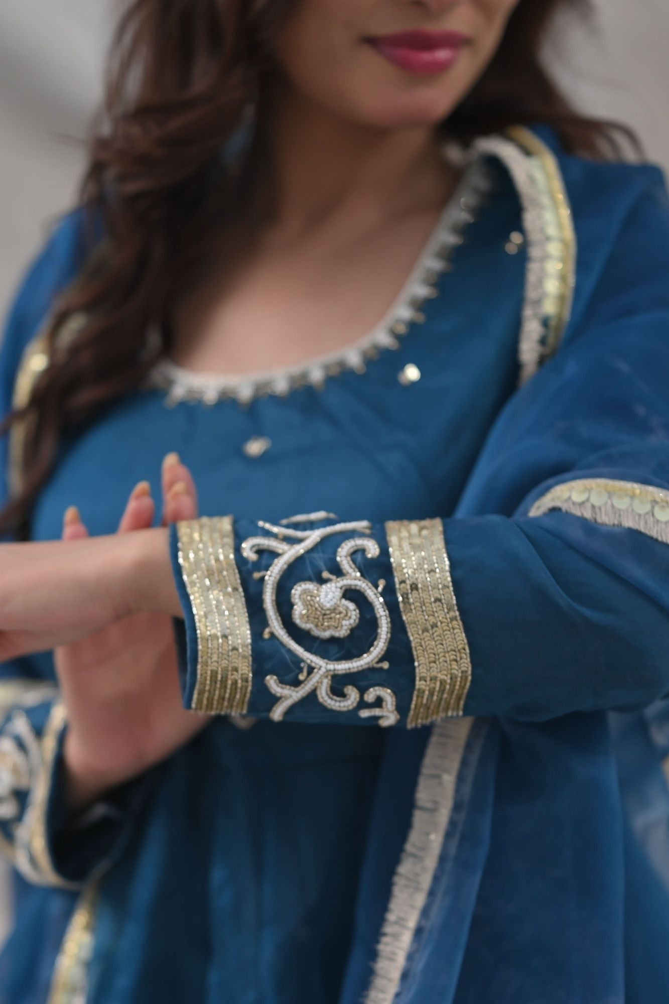 Tarini Teal organza anarkali 3 piece Set with Lace detailing border and dana, sequins bead embroidery| Made To Order