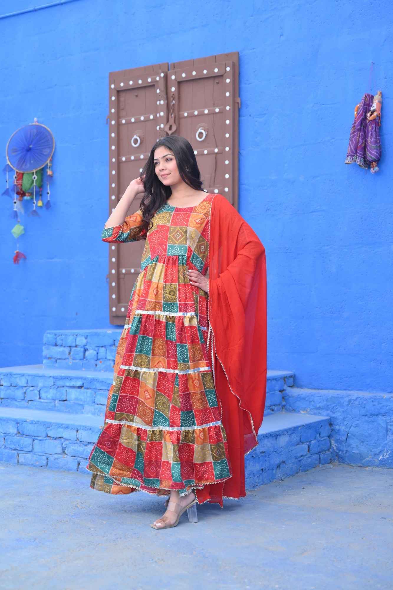 Navya Multicolor Bandhni Print Tiered Anarkali 3 PIece Set | Made To Order