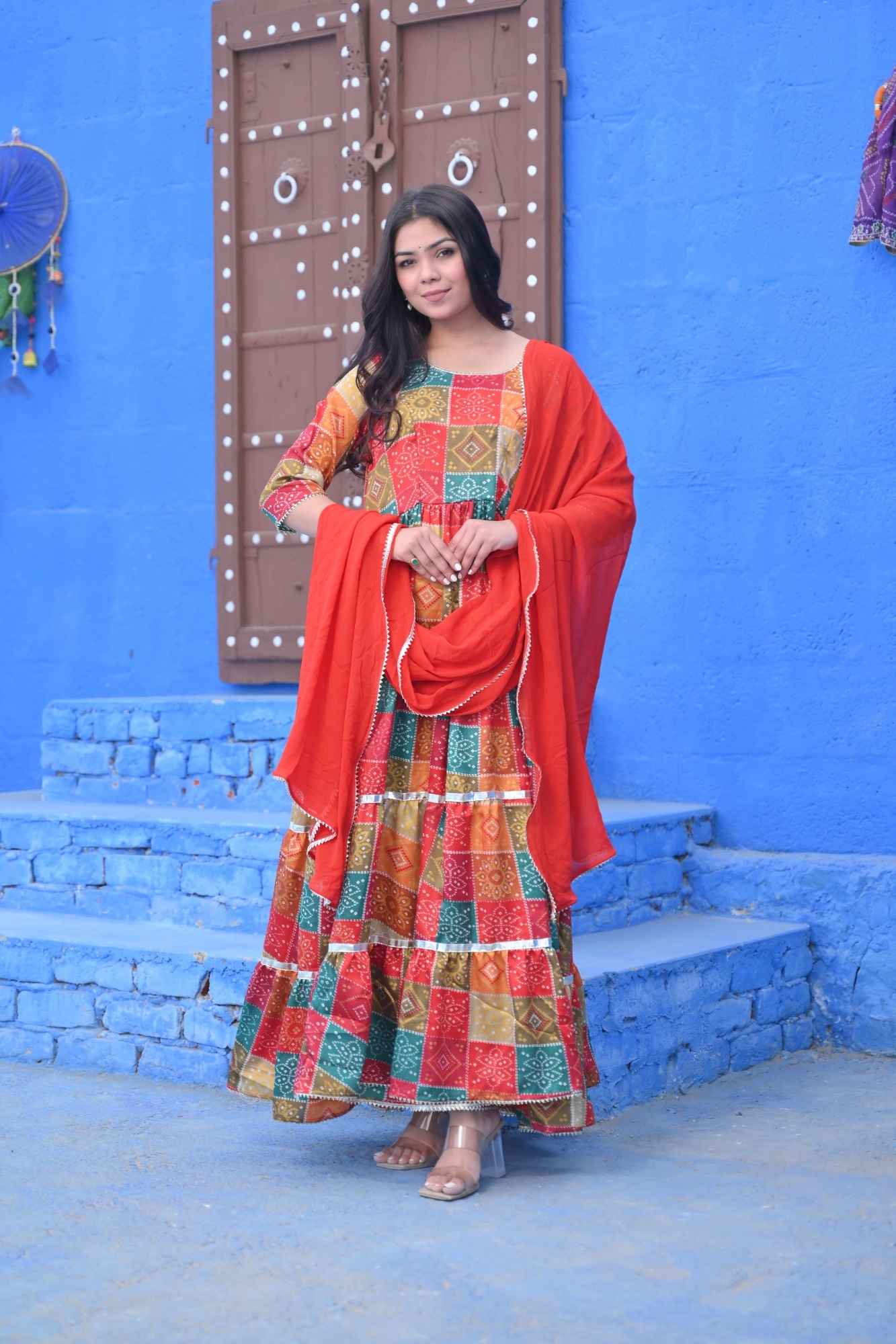 Navya Multicolor Bandhni Print Tiered Anarkali 3 PIece Set | Made To Order