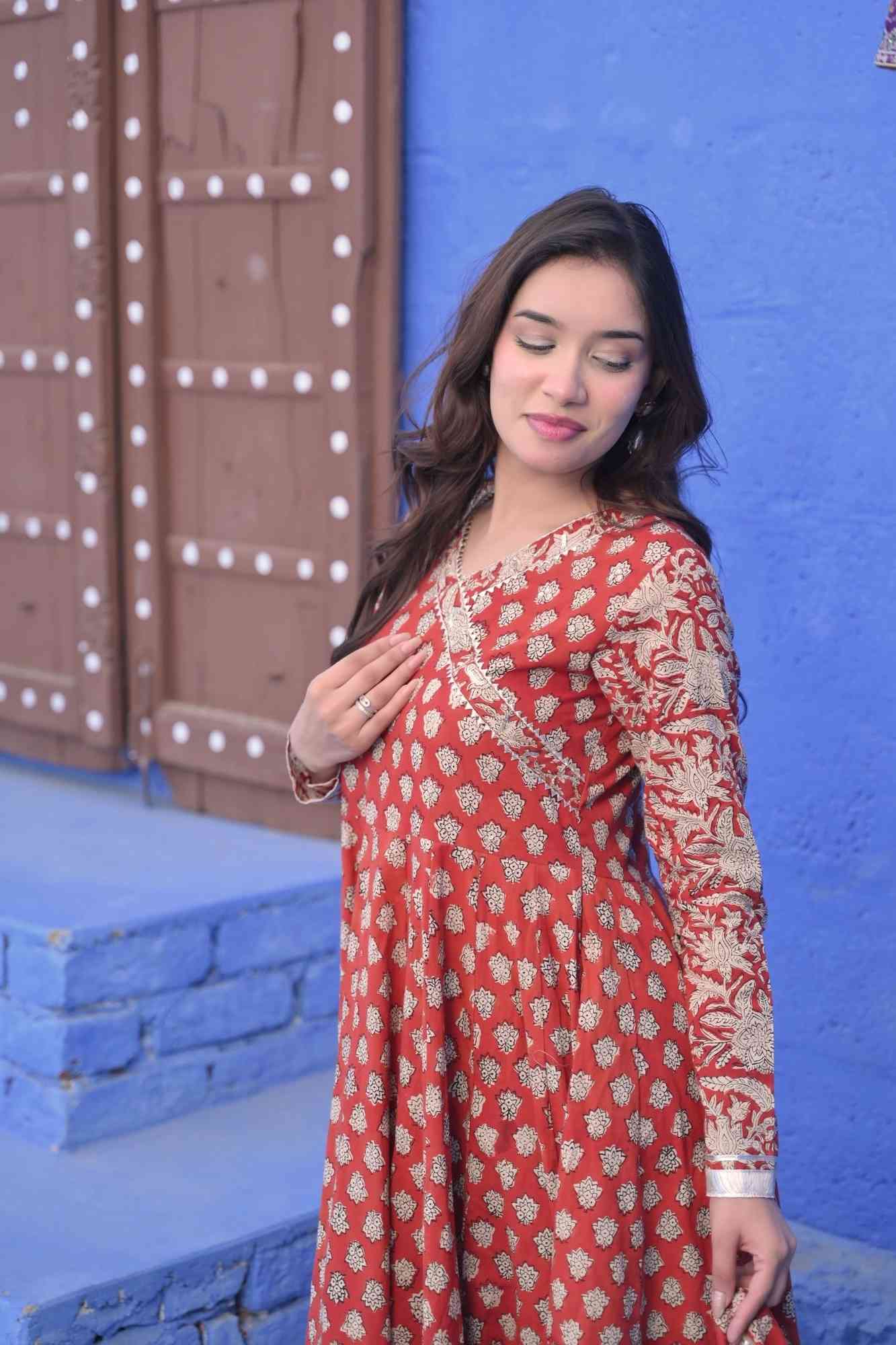 Maati Bagru Block Print Brick Red 6.5 m Flare Anarkali 3 Piece Set | Made To Order