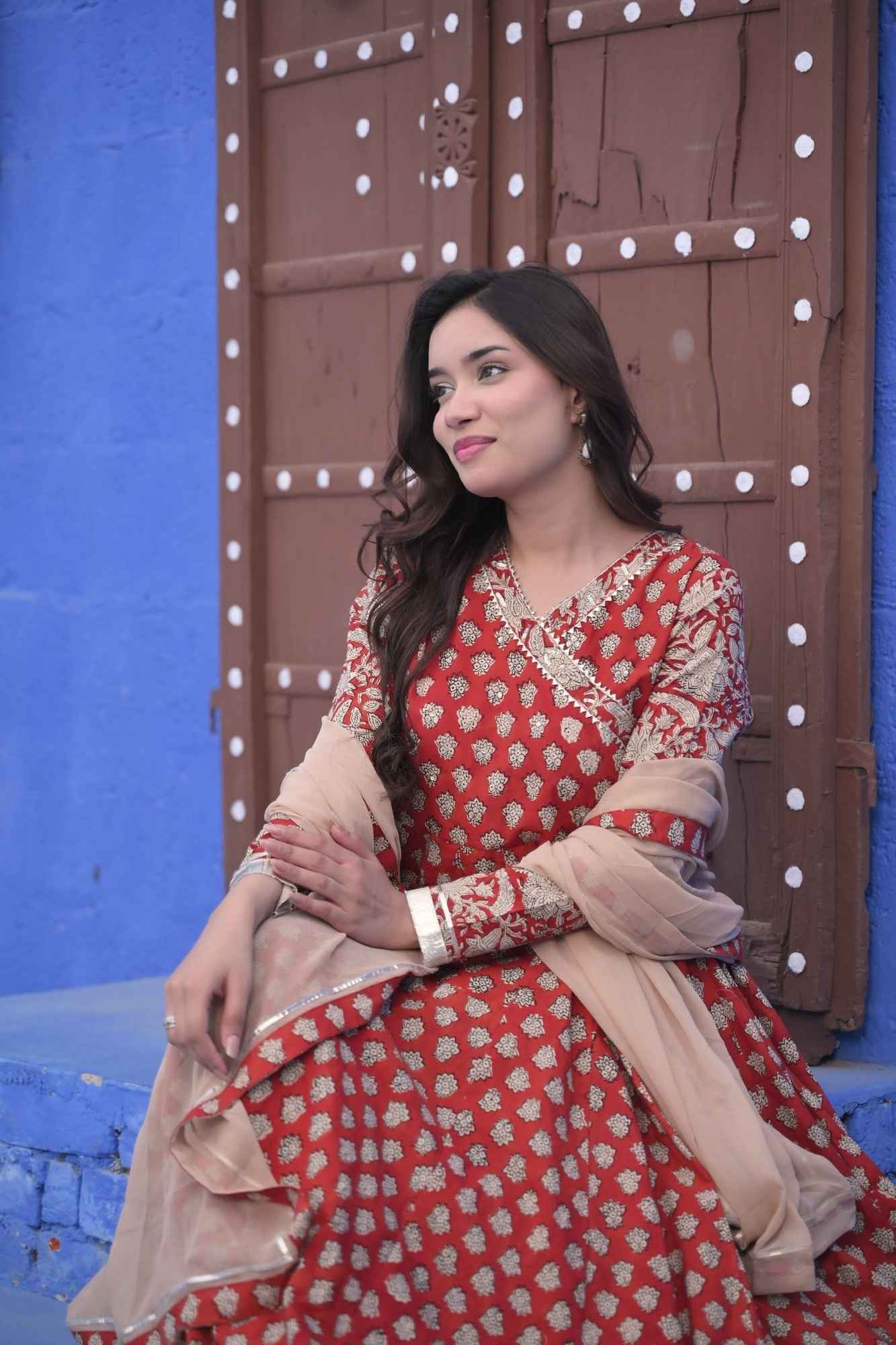 Maati Bagru Block Print Brick Red 6.5 m Flare Anarkali 3 Piece Set | Made To Order