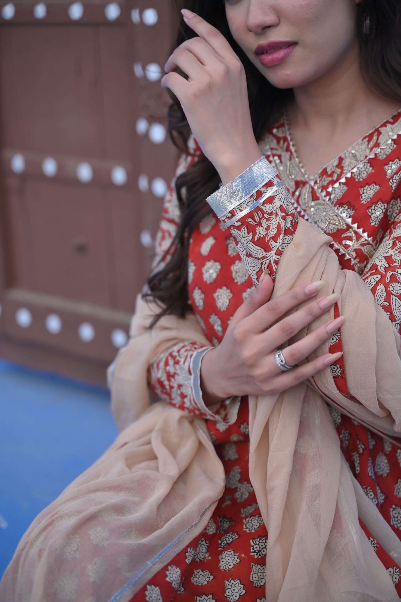 Maati Bagru Block Print Brick Red 6.5 m Flare Anarkali 3 Piece Set | Made To Order