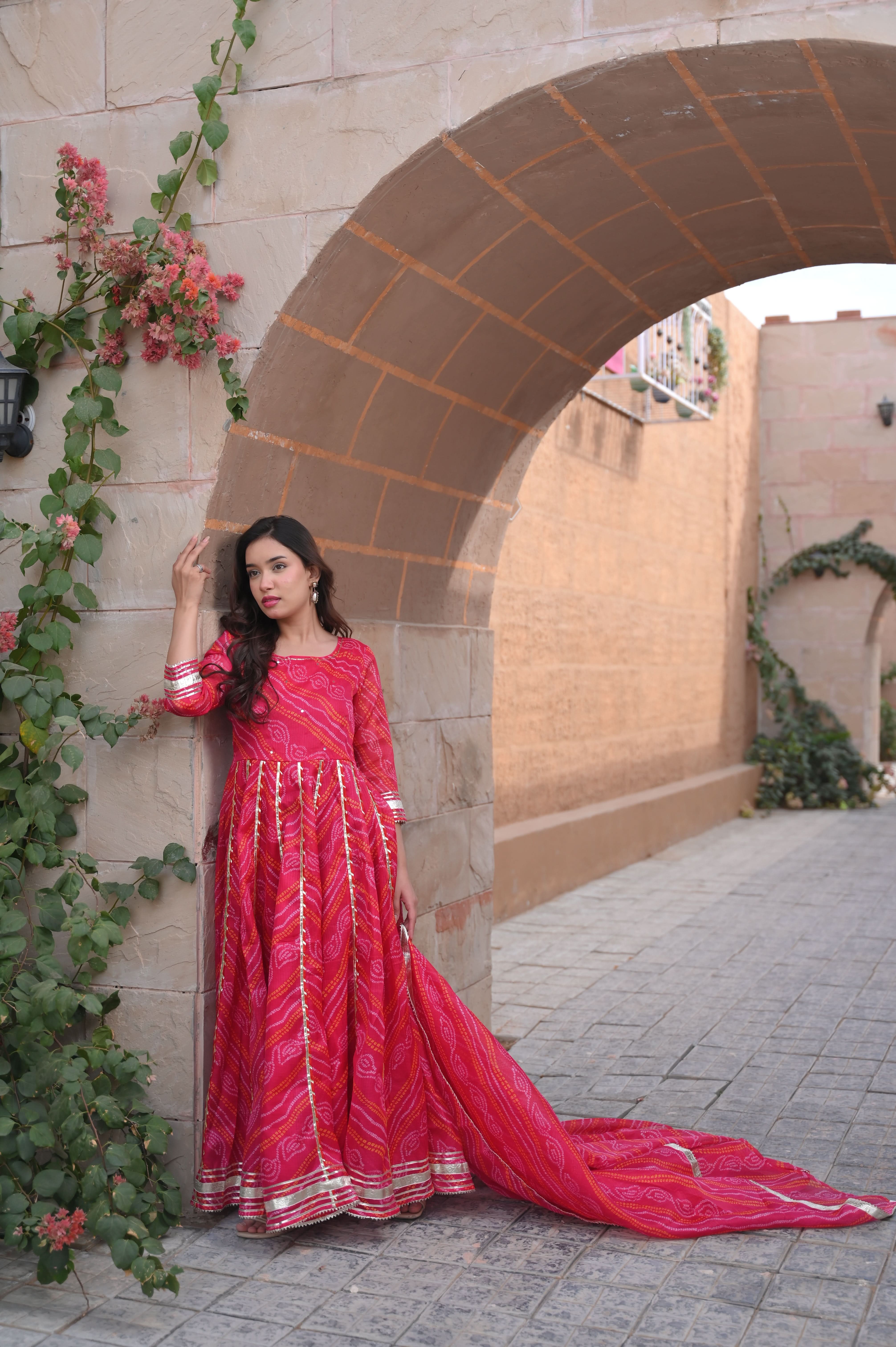 Baisa Bandhej Anarkali 3 PIece set with Dupatta and Leggings | Made To Order | SHOBITAM
