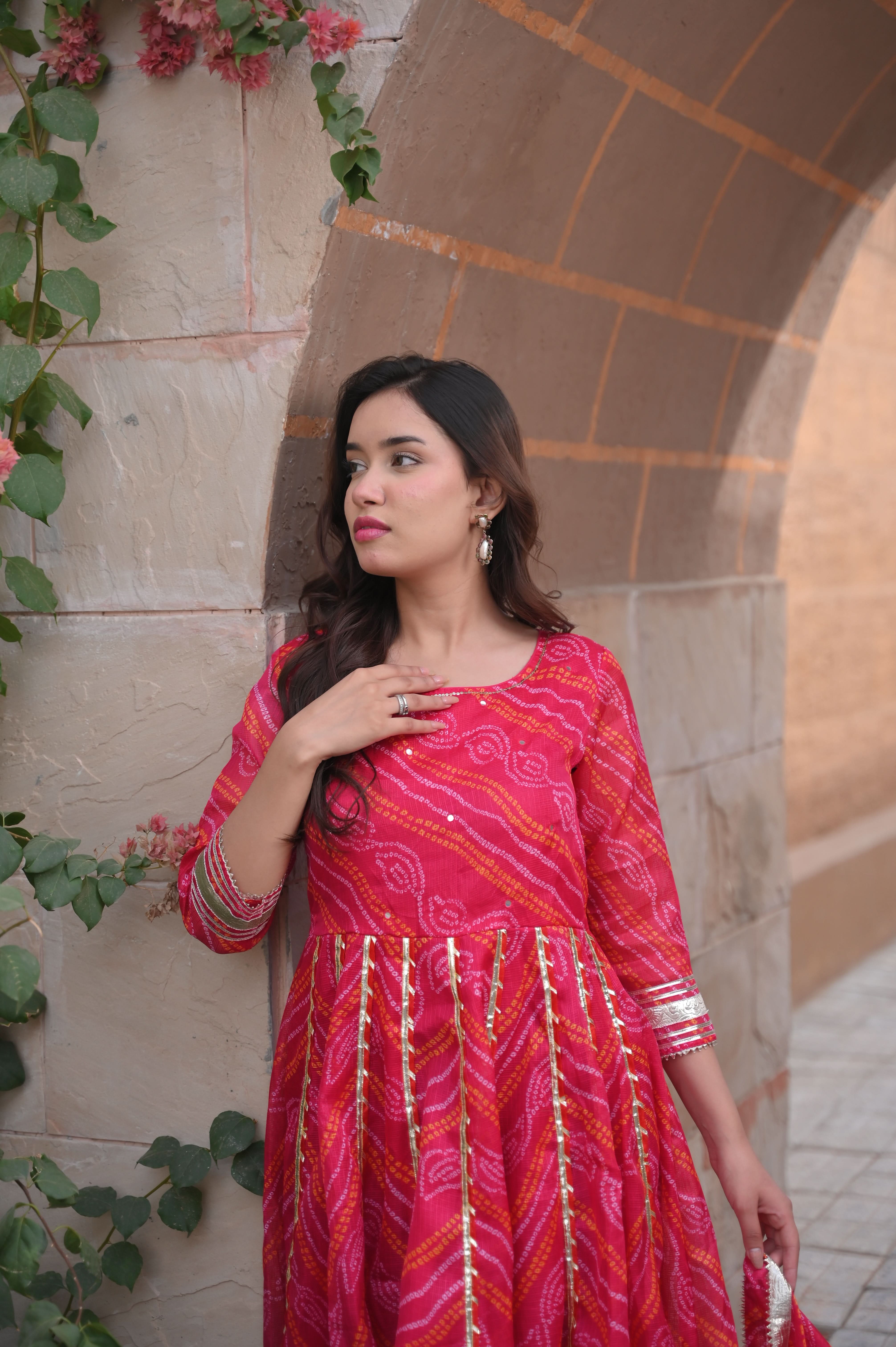 Baisa Bandhej Anarkali 3 PIece set with Dupatta and Leggings | Made To Order | SHOBITAM