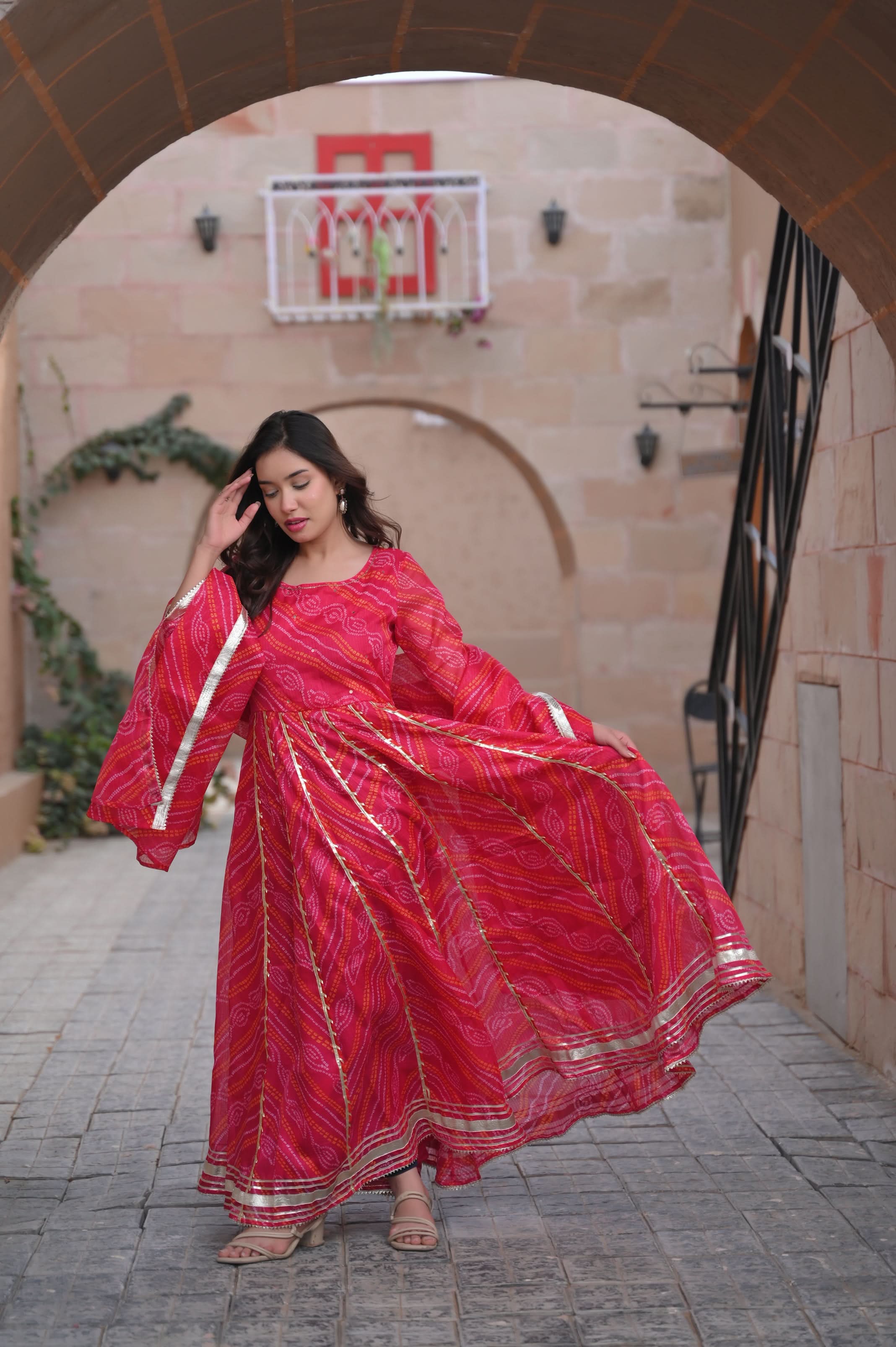 Baisa Bandhej Anarkali 3 PIece set with Dupatta and Leggings | Made To Order | SHOBITAM