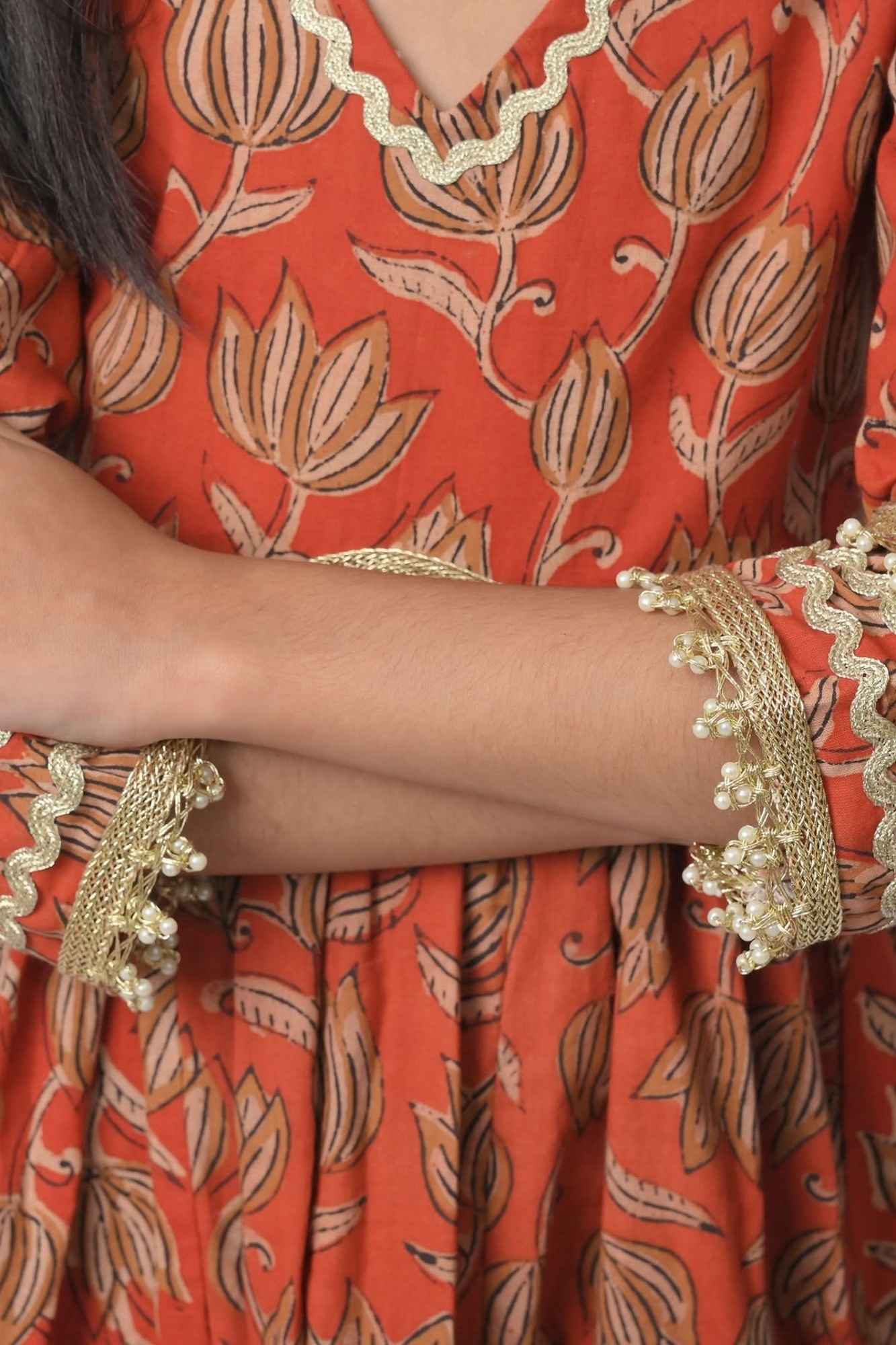 Radhika Bagru Print Pleated 3 piece Anarkali set | Made To Order