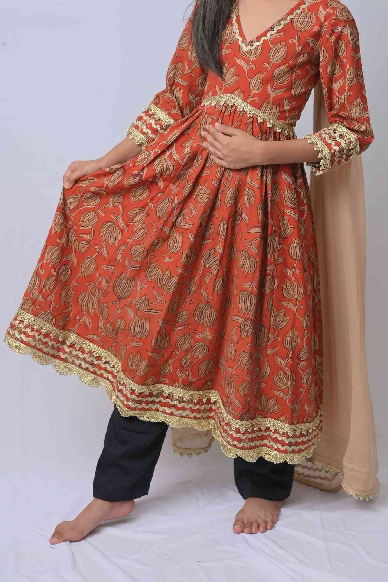 Radhika Bagru Print Pleated 3 piece Anarkali set | Made To Order