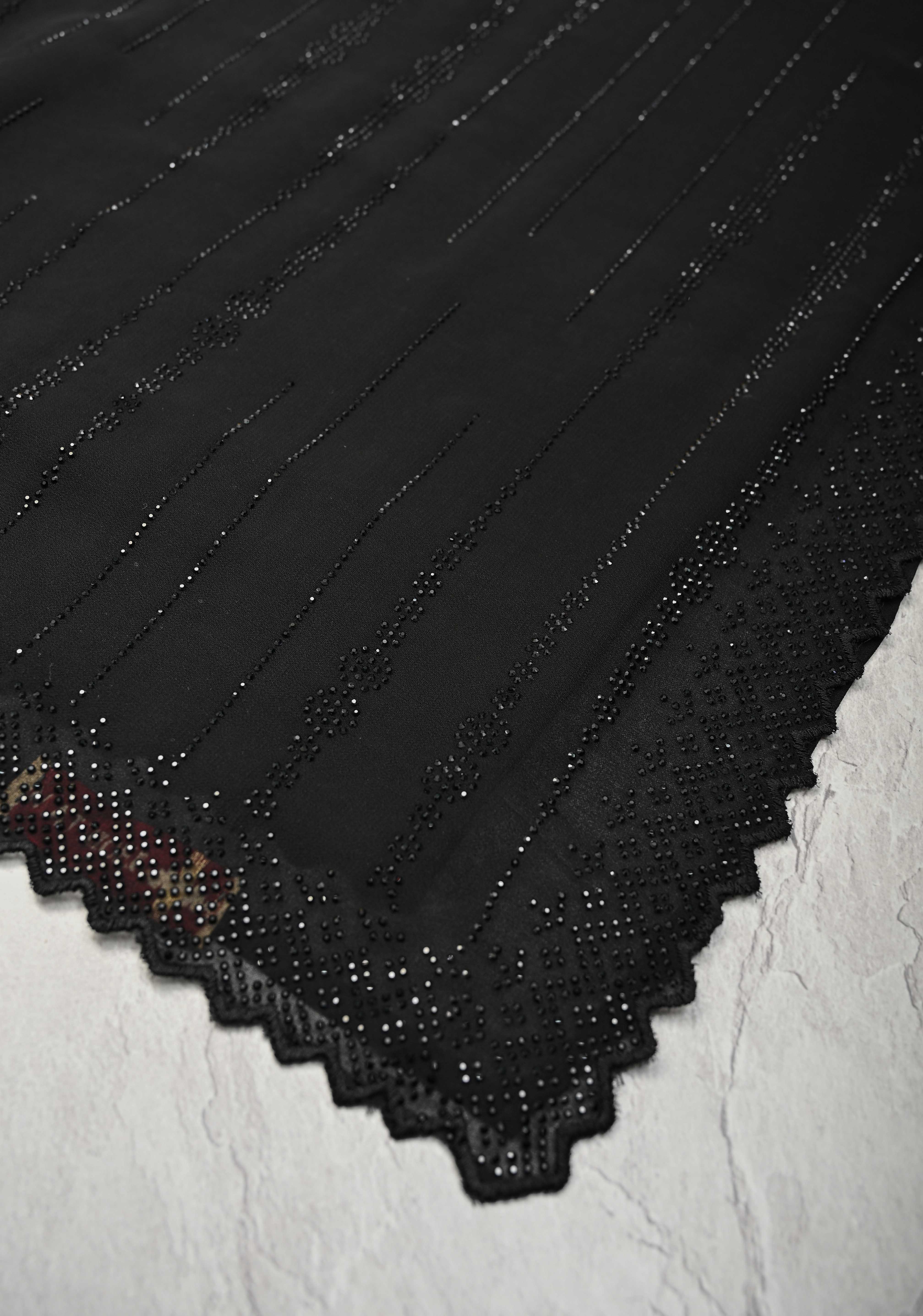 Black Tone on Tone Powder Stones Work on Georgette Saree with Floral Stripes and Scallop Border | Shobitam