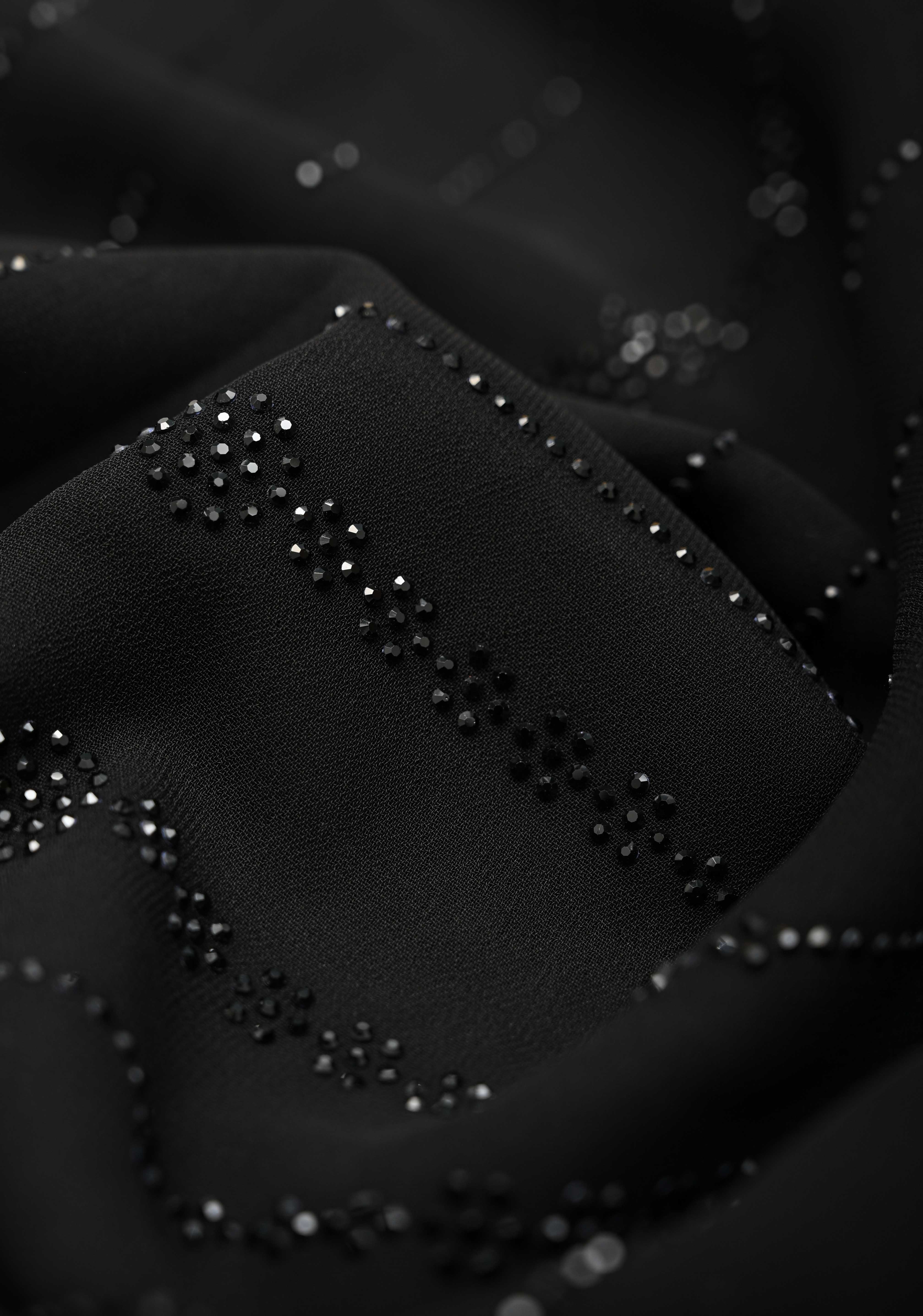 Black Tone on Tone Powder Stones Work on Georgette Saree with Floral Stripes and Scallop Border | Shobitam