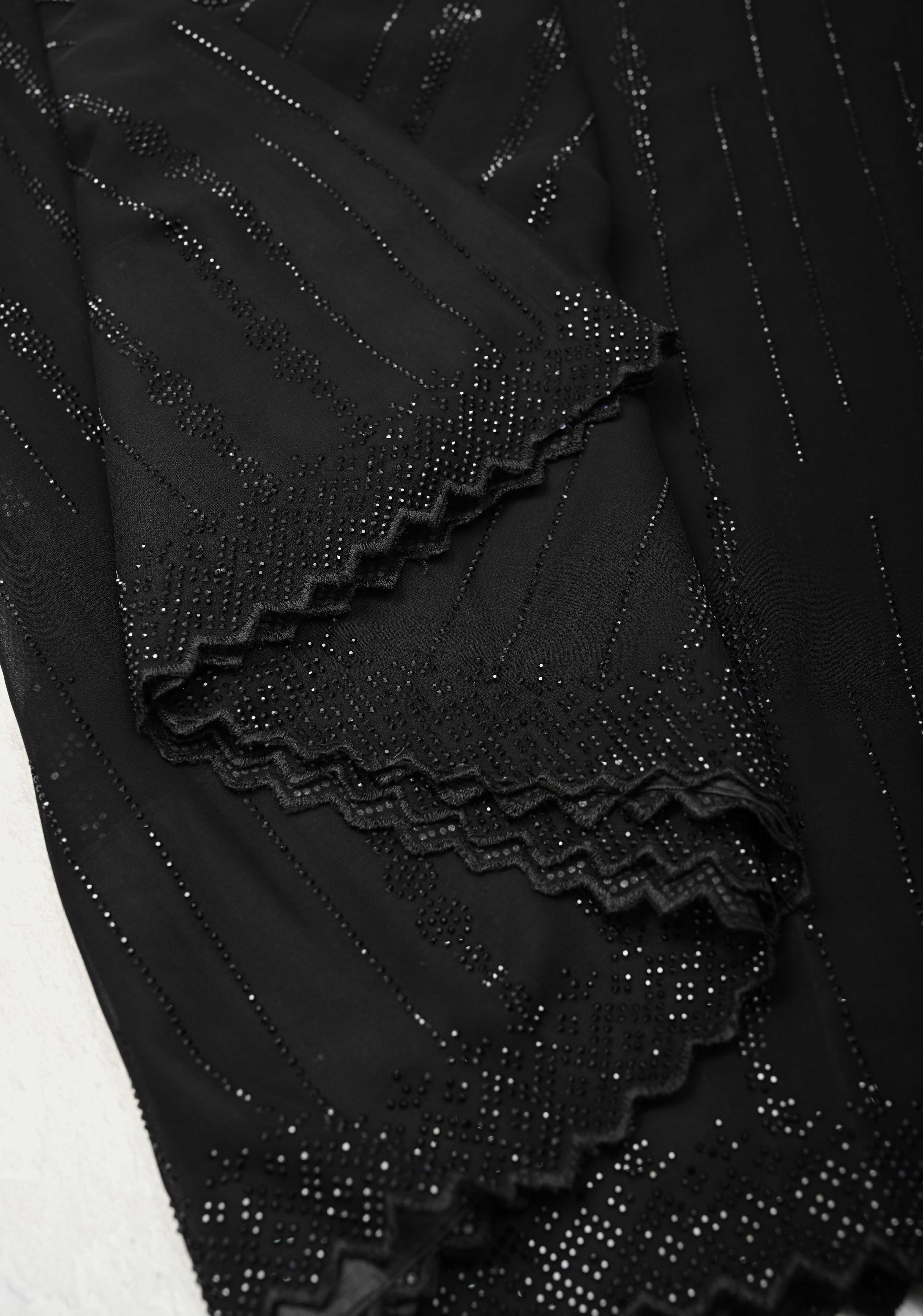 Black Tone on Tone Powder Stones Work on Georgette Saree with Floral Stripes and Scallop Border | Shobitam