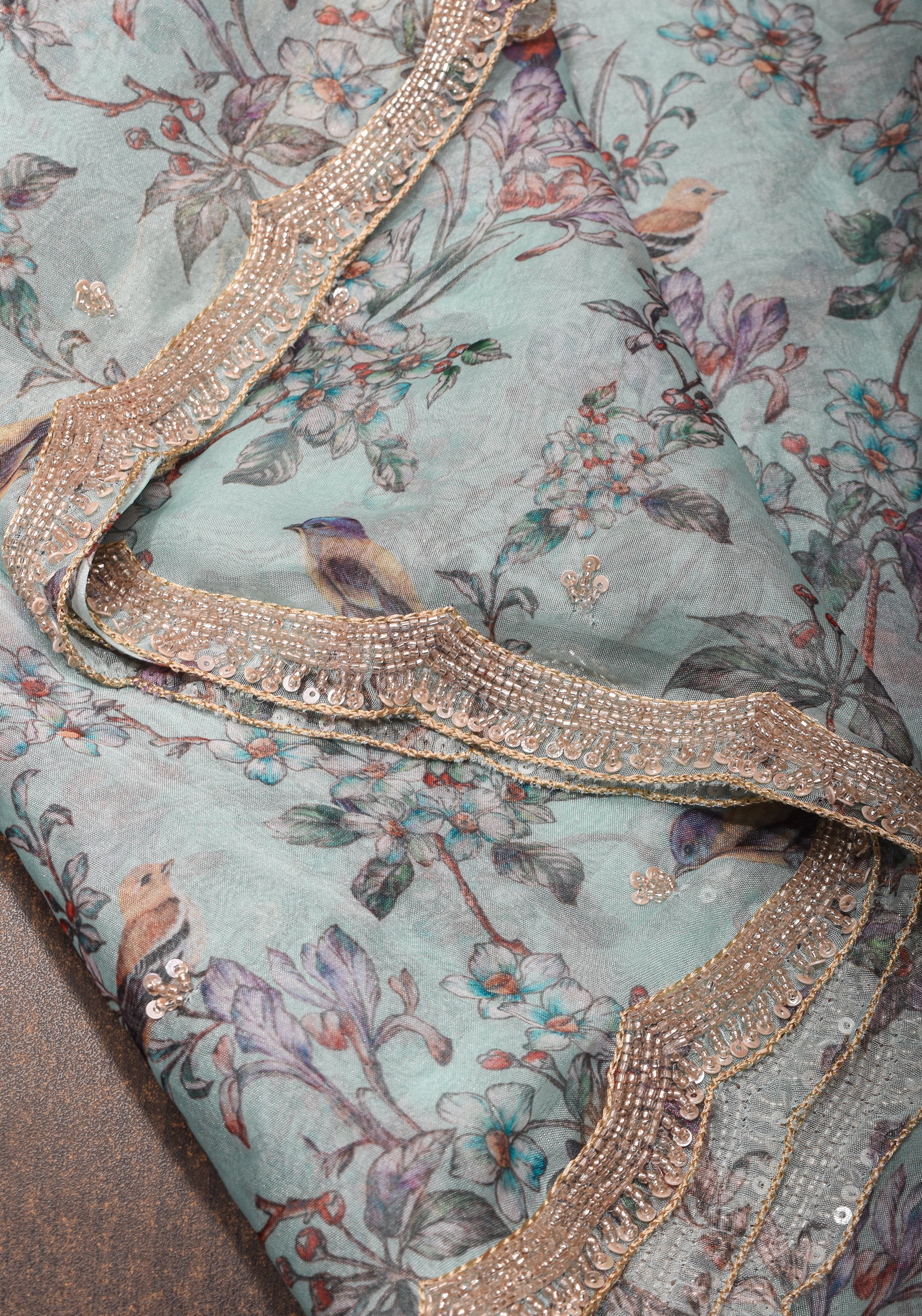 Light Cyan Pure Banarasi Organza Silk Saree with Digital Print and sequins, cutdana work on scallop border | Shobitam