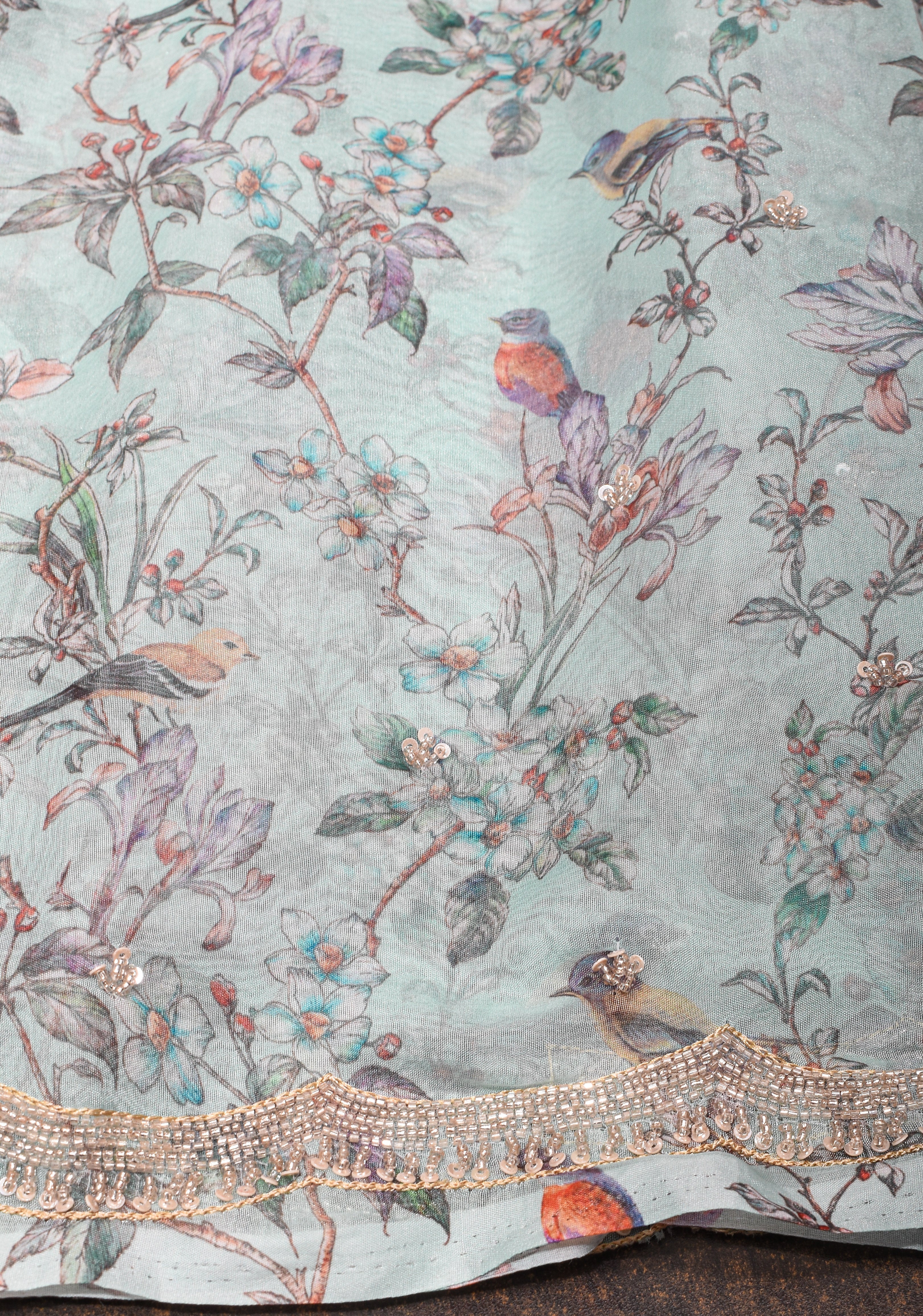 Light Cyan Pure Banarasi Organza Silk Saree with Digital Print and sequins, cutdana work on scallop border | Shobitam