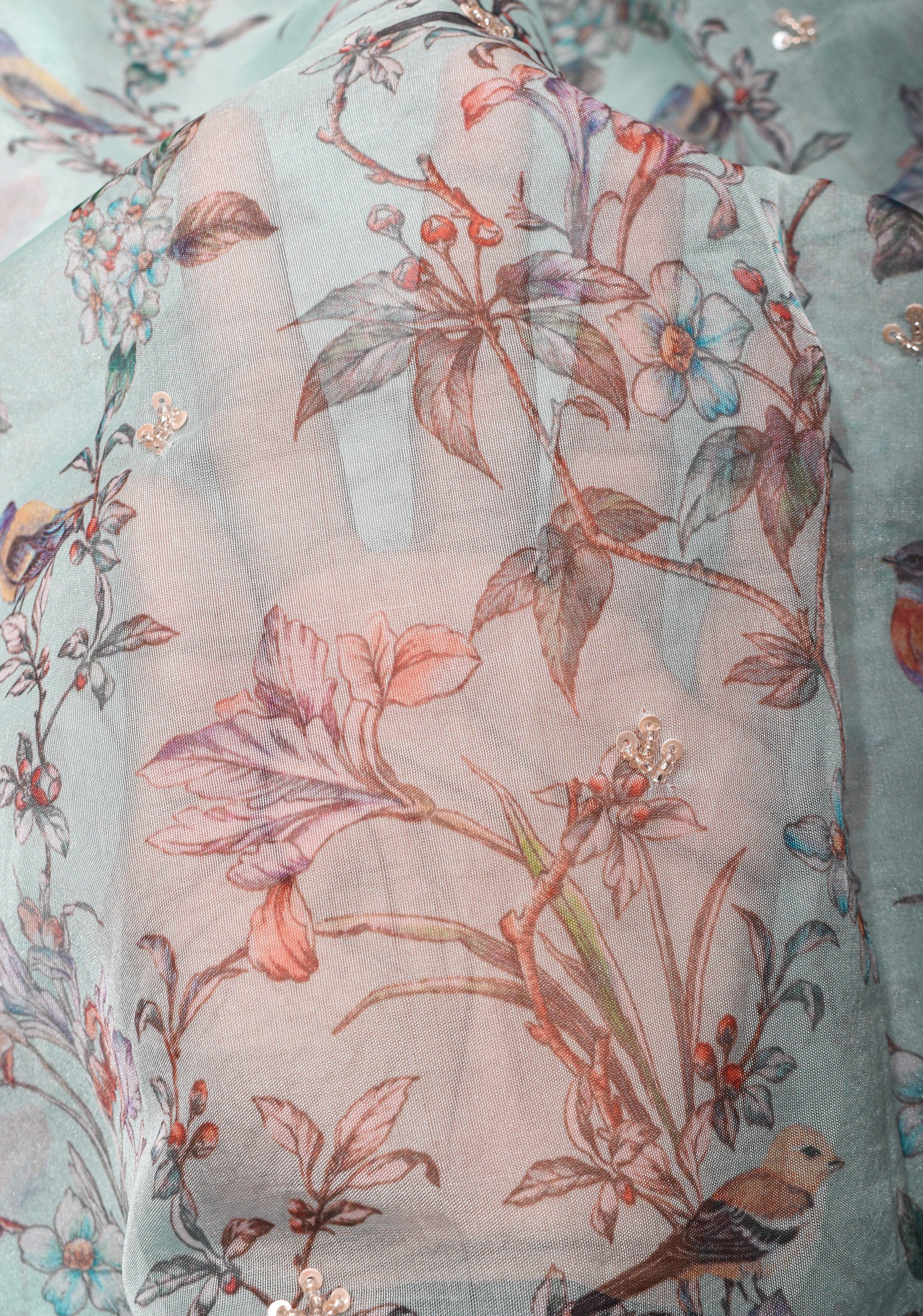 Light Cyan Pure Banarasi Organza Silk Saree with Digital Print and sequins, cutdana work on scallop border | Shobitam