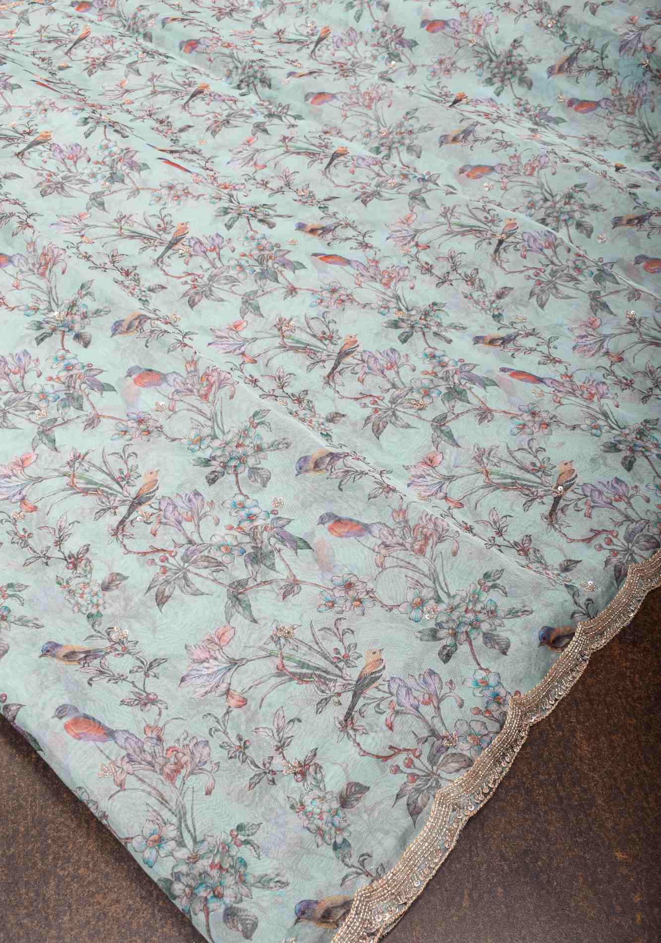 Light Cyan Pure Banarasi Organza Silk Saree with Digital Print and sequins, cutdana work on scallop border Ready To Wear Saree
