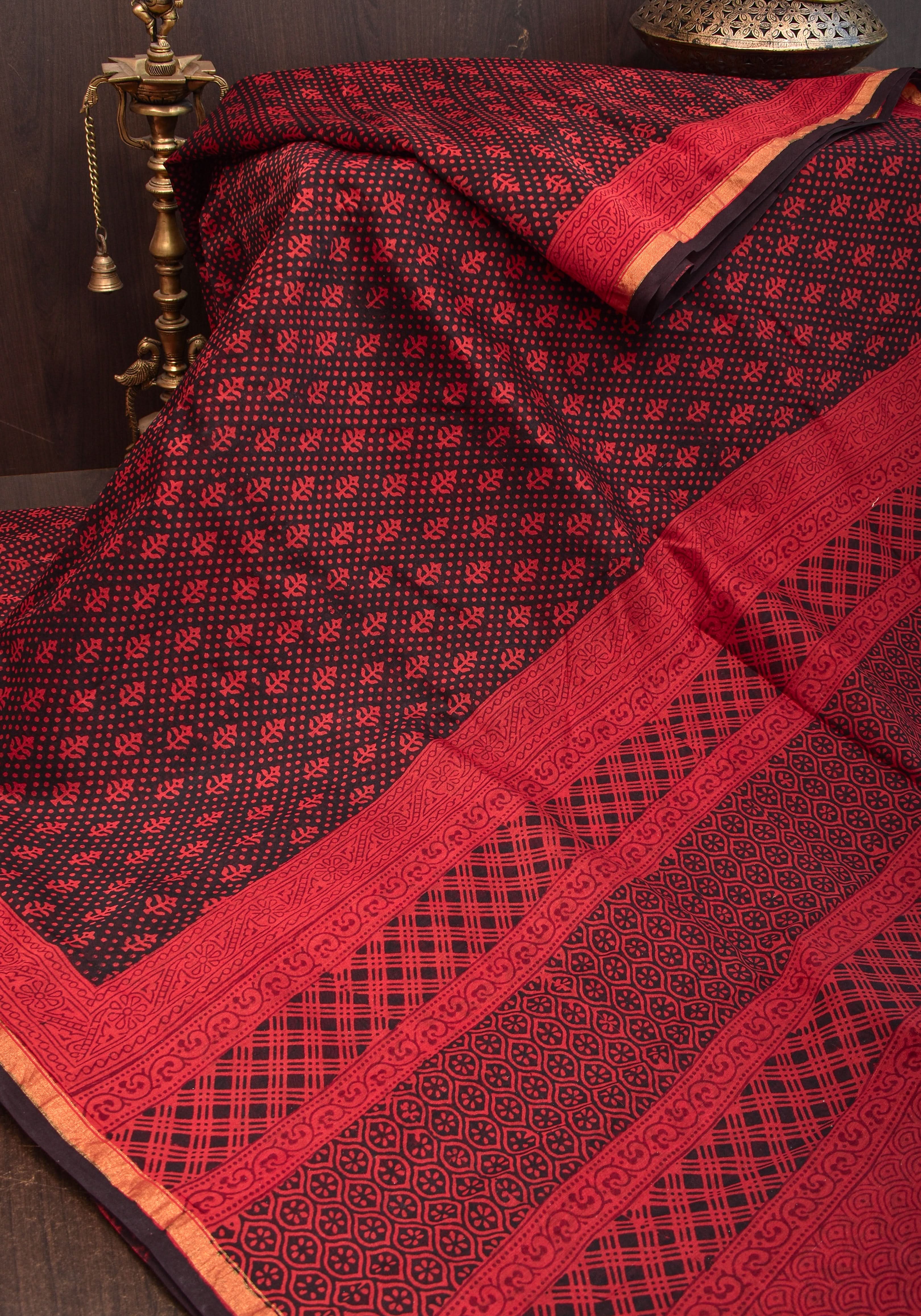 Bagh Hand block Print on Chanderi Cotton Saree in Black and Red | Shobitam