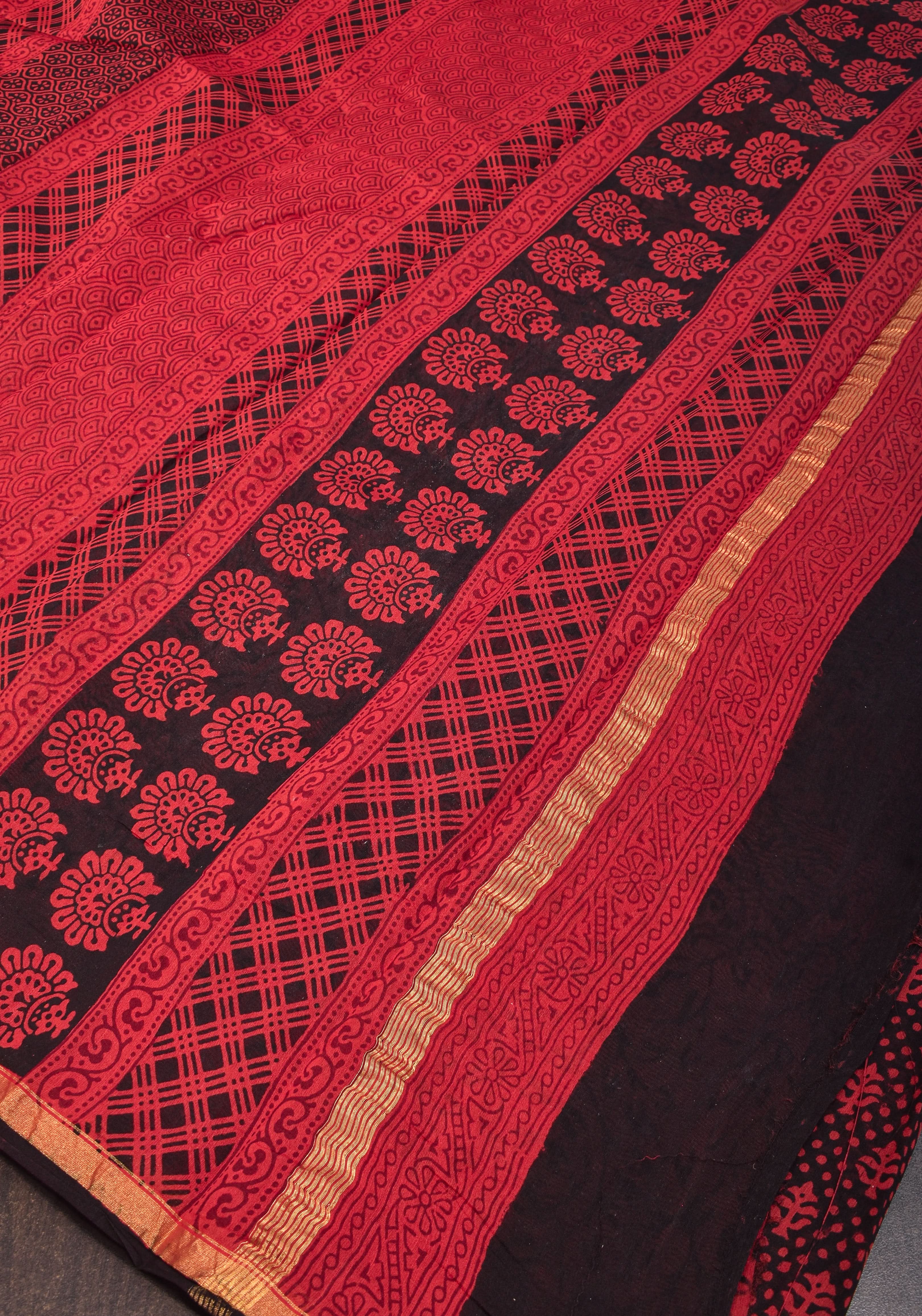 Bagh Hand block Print on Chanderi Cotton Saree in Black and Red | Shobitam