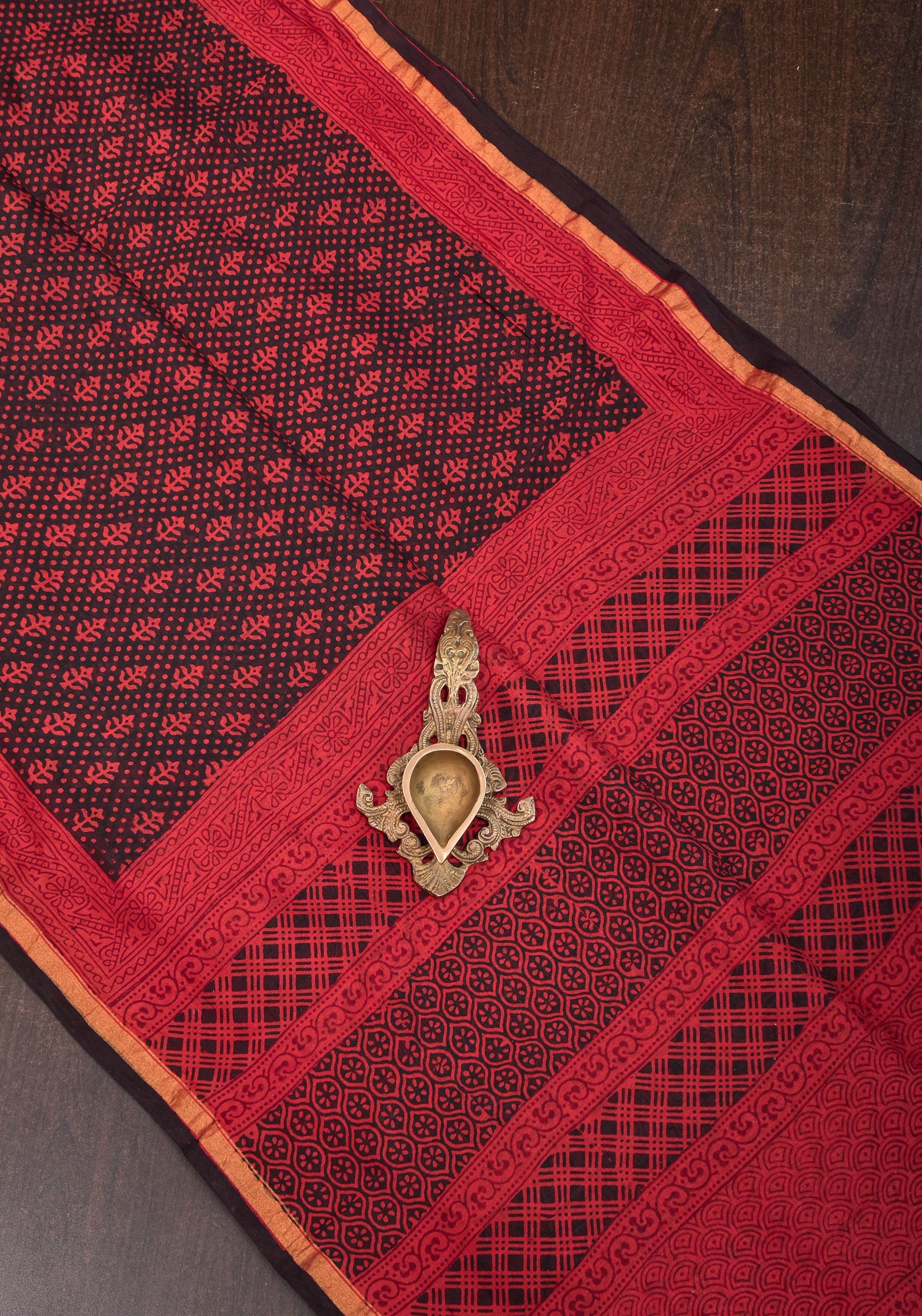 Bagh Hand block Print on Chanderi Cotton Saree in Black and Red | Shobitam