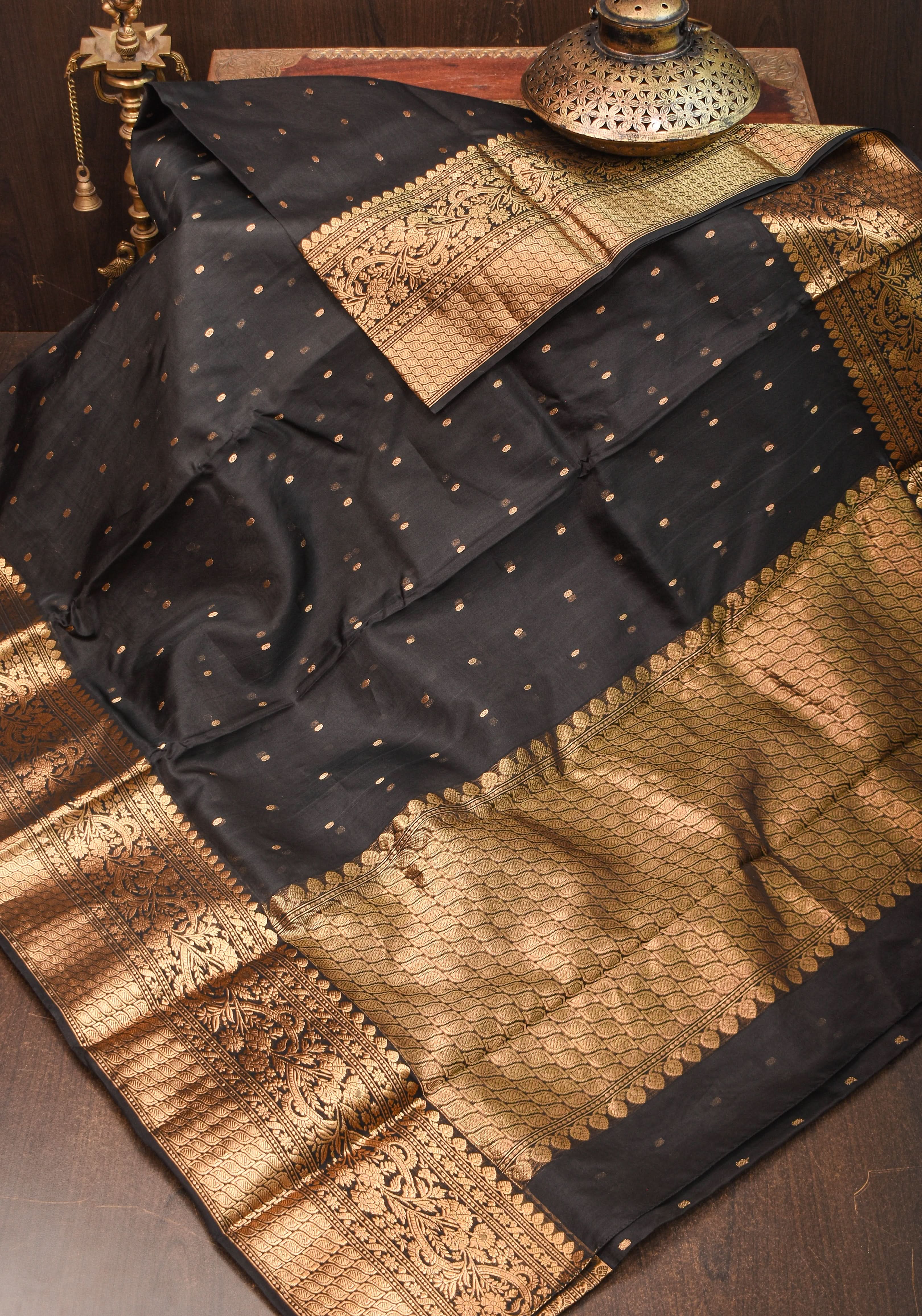 Celebrity Chanderi Silk Saree in Black with Zari chunri Butis and wide zari border | Shobitam