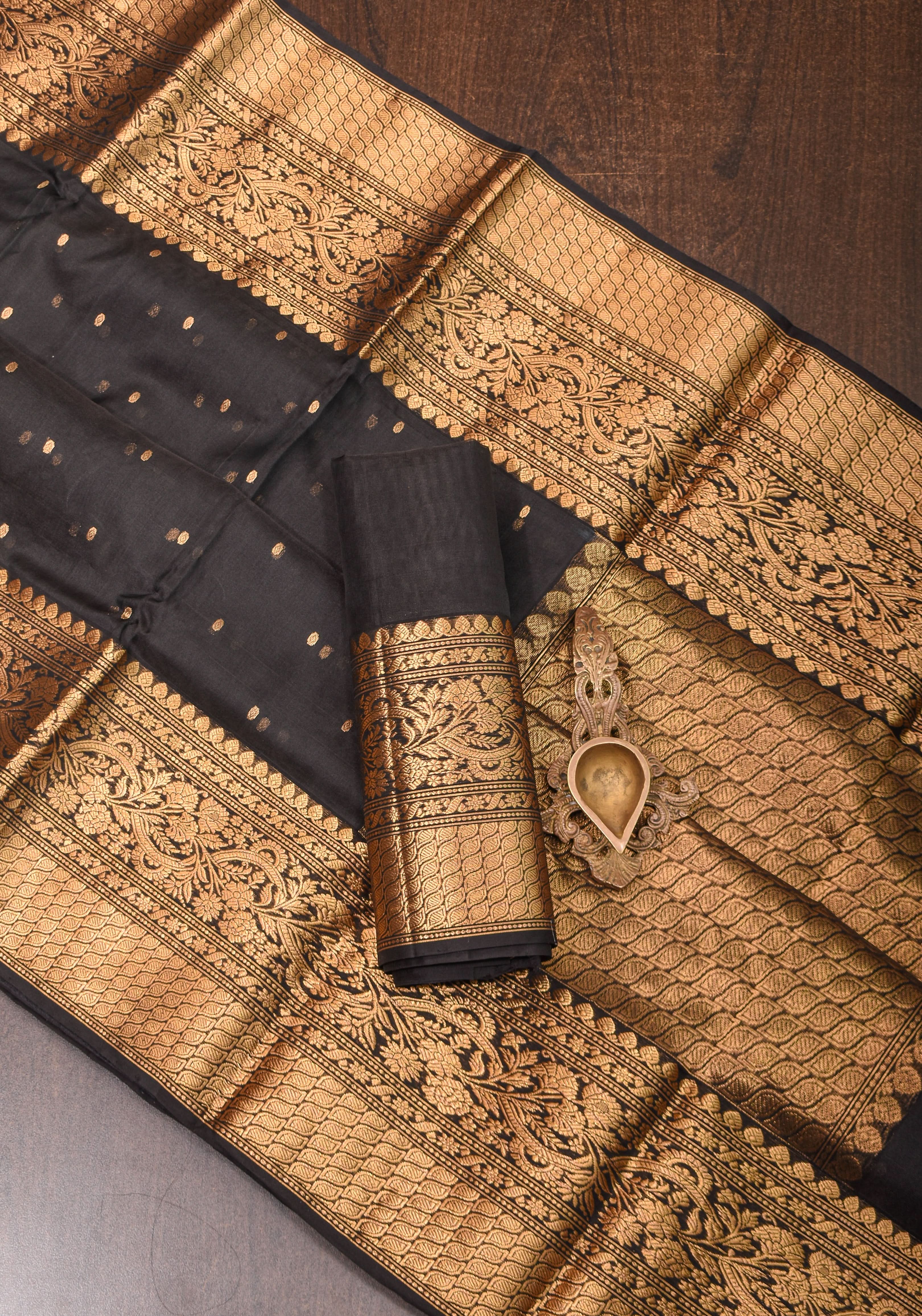 Celebrity Chanderi Silk Saree in Black with Zari chunri Butis and wide zari border | Shobitam