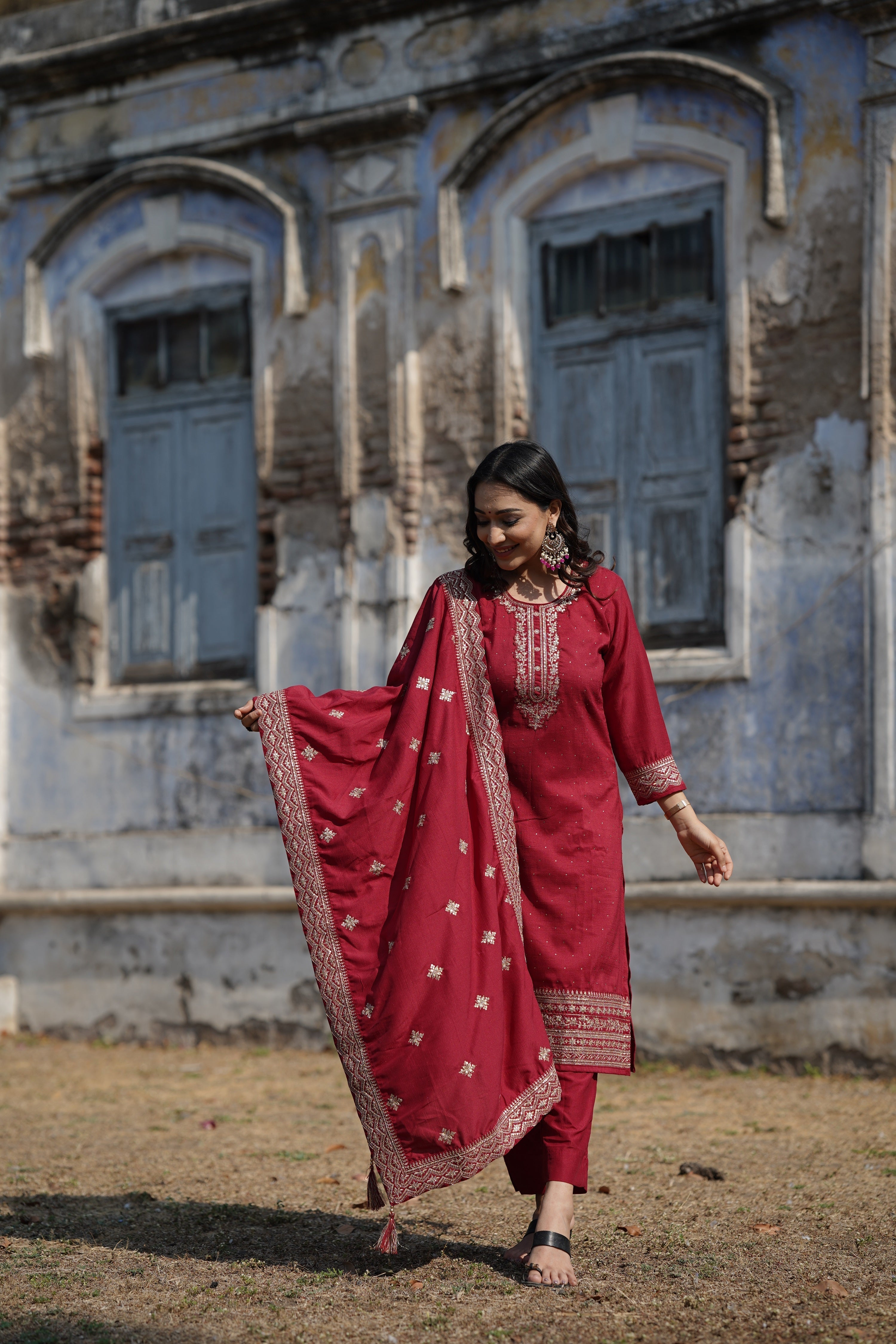 Maroon Silk Blend Solid Straight Kurta Trousers With Dupatta | SHOBITAM