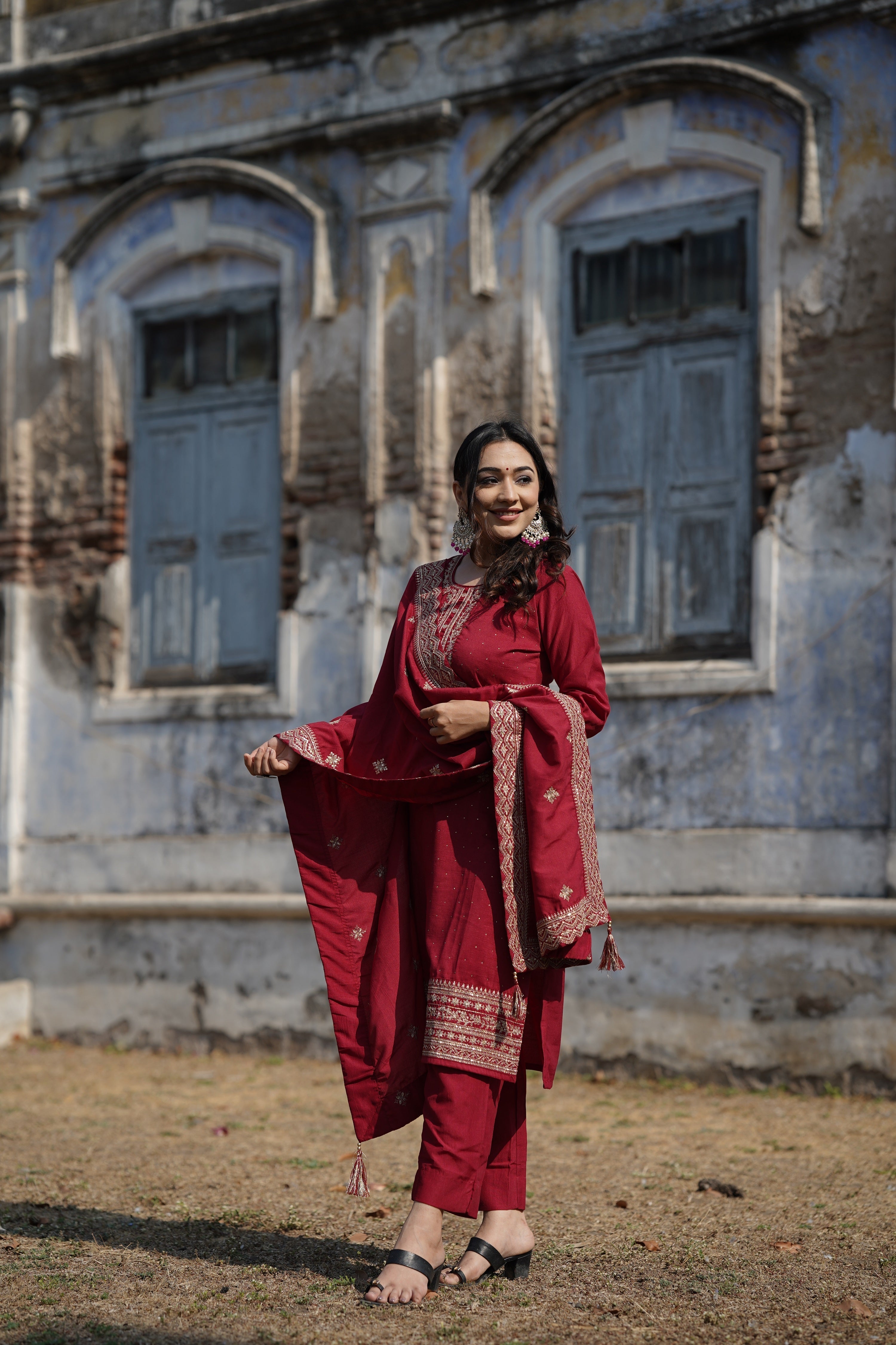 Maroon Silk Blend Solid Straight Kurta Trousers With Dupatta | SHOBITAM