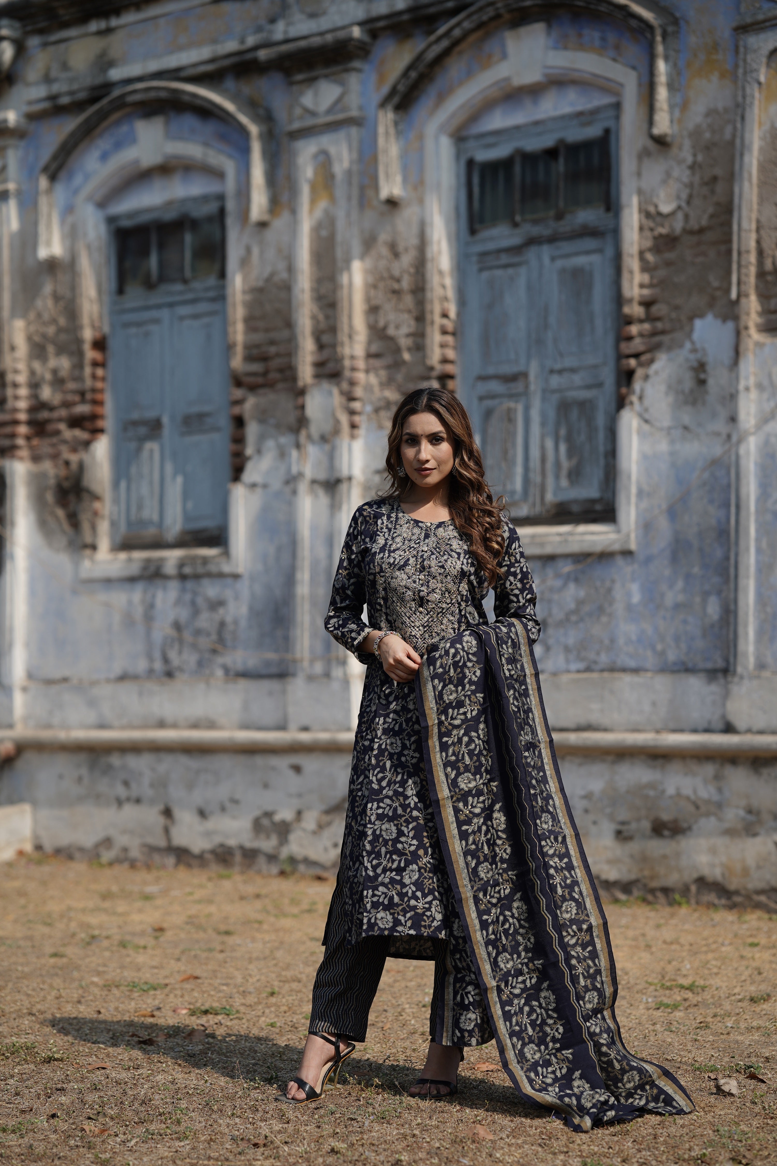 Black Silk Blend Floral Straight Kurta Trousers With Dupatta | SHOBITAM