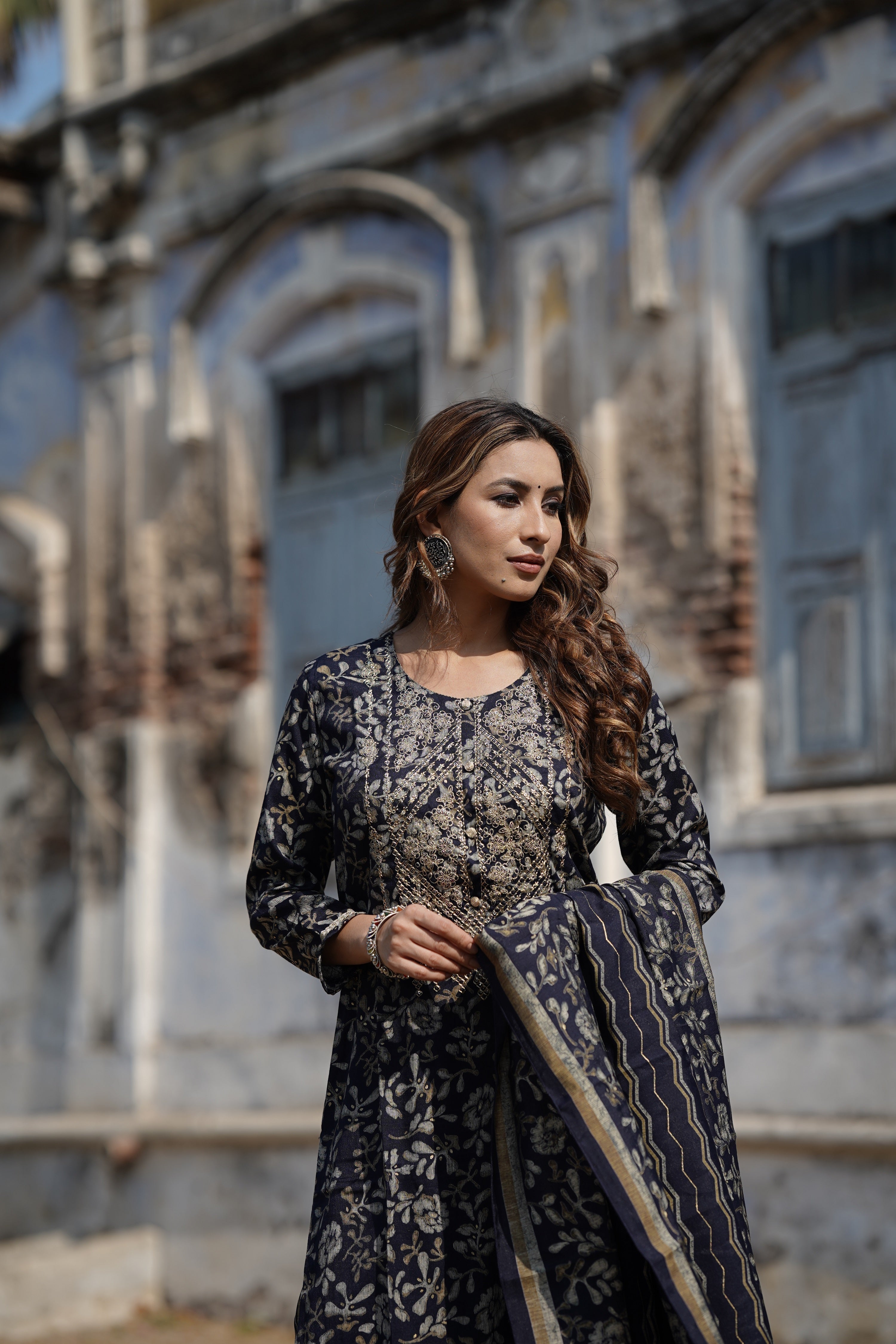 Black Silk Blend Floral Straight Kurta Trousers With Dupatta | SHOBITAM