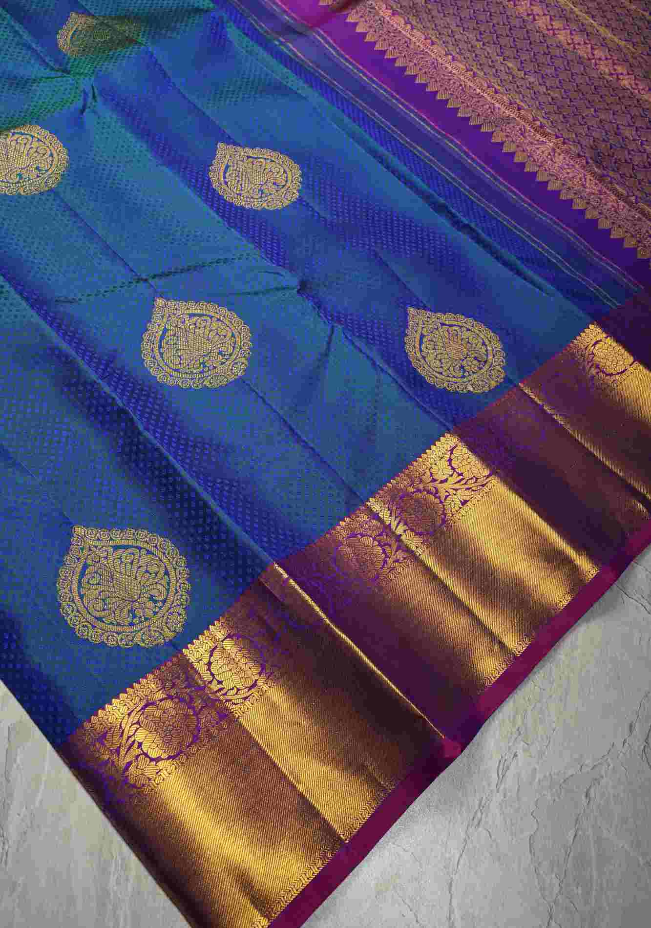 Exquisite Peacock Blue Dual tone Self Brocade on Kanjivaram Pure Silk Saree with Damask Motifs and Zari Border | SILK MARK CERTIFIED Ready To Wear Saree