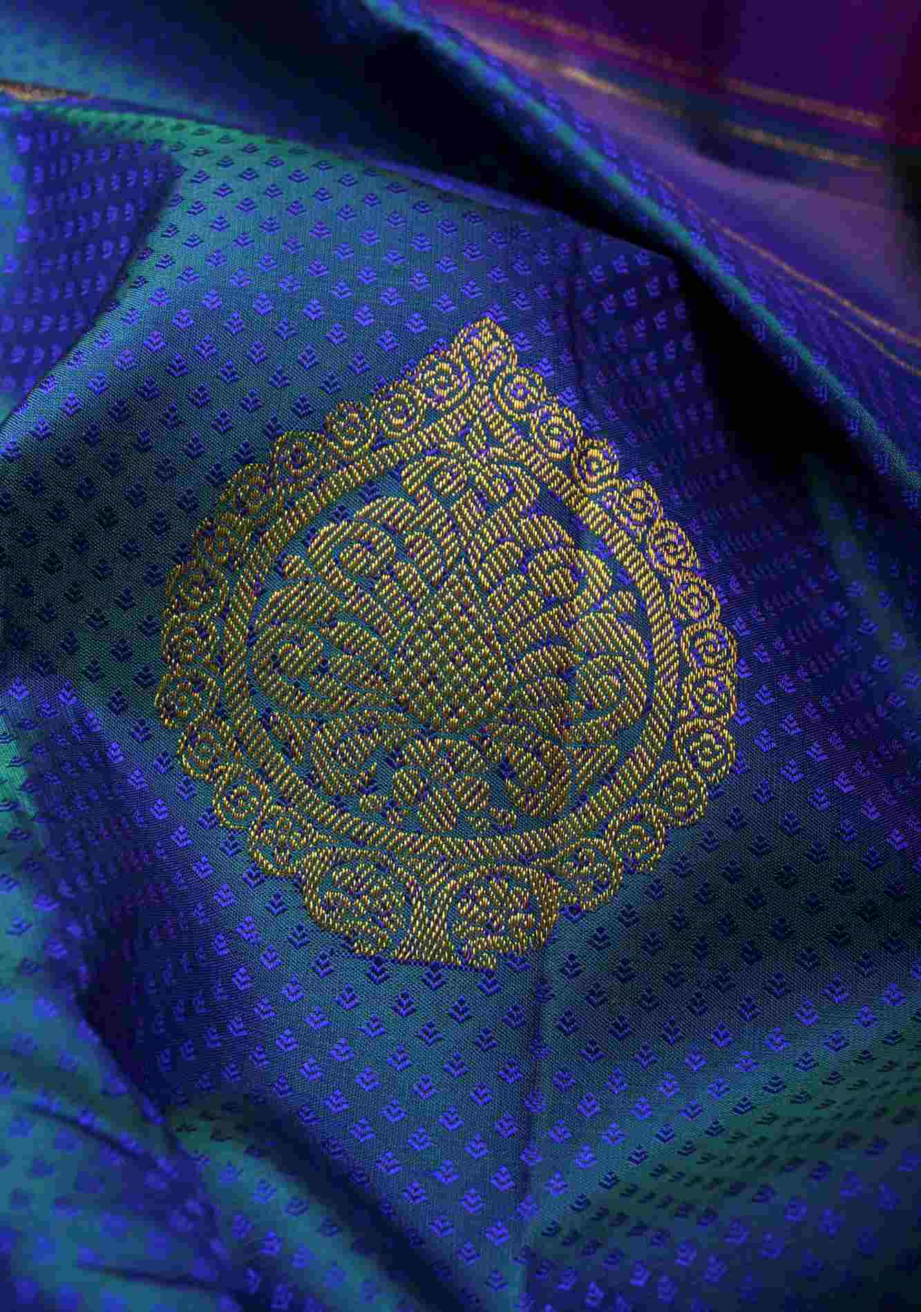 Exquisite Peacock Blue Dual tone Self Brocade on Kanjivaram Pure Silk Saree with Damask Motifs and Zari Border | SILK MARK CERTIFIED Ready To Wear Saree