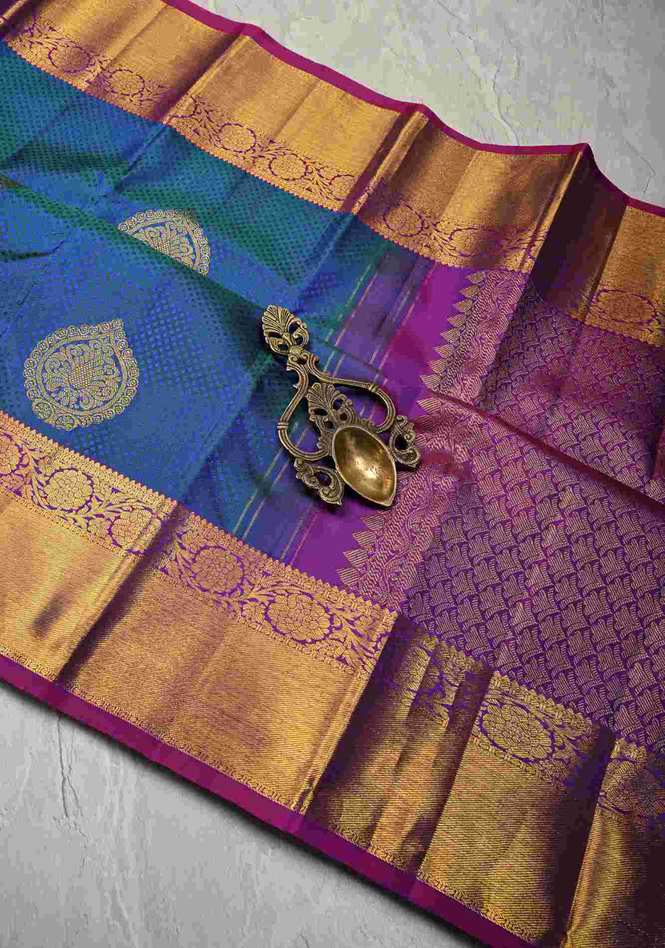 Exquisite Peacock Blue Dual tone Self Brocade on Kanjivaram Pure Silk Saree with Damask Motifs and Zari Border | SILK MARK CERTIFIED Ready To Wear Saree